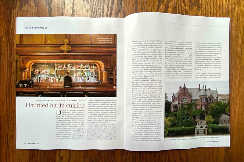 Blue Magazine spread featuring architectural photography of the historic Whitney restaurant building in Detroit, Michigan.