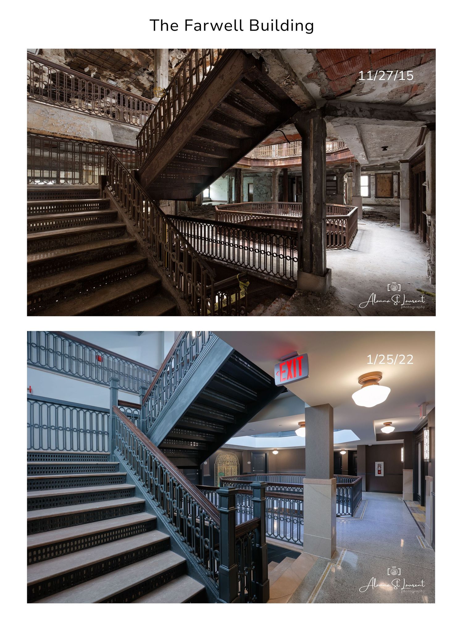 Dark wooden staircases and railings in the abandoned Farwell Building interior. in Detroit, Michigan