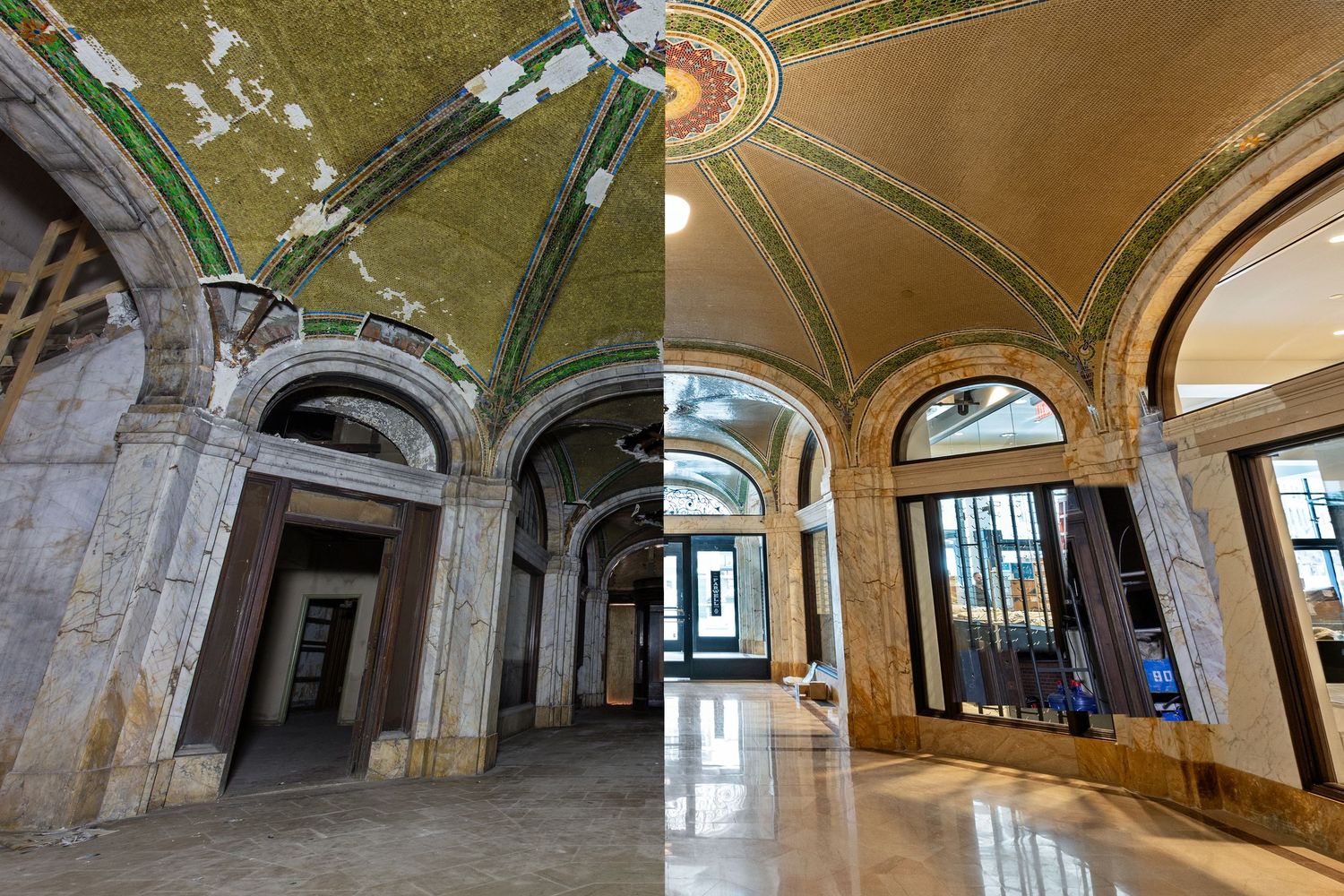 The historic Farwell building first floor lobby with the left half the before renovation and right half after.