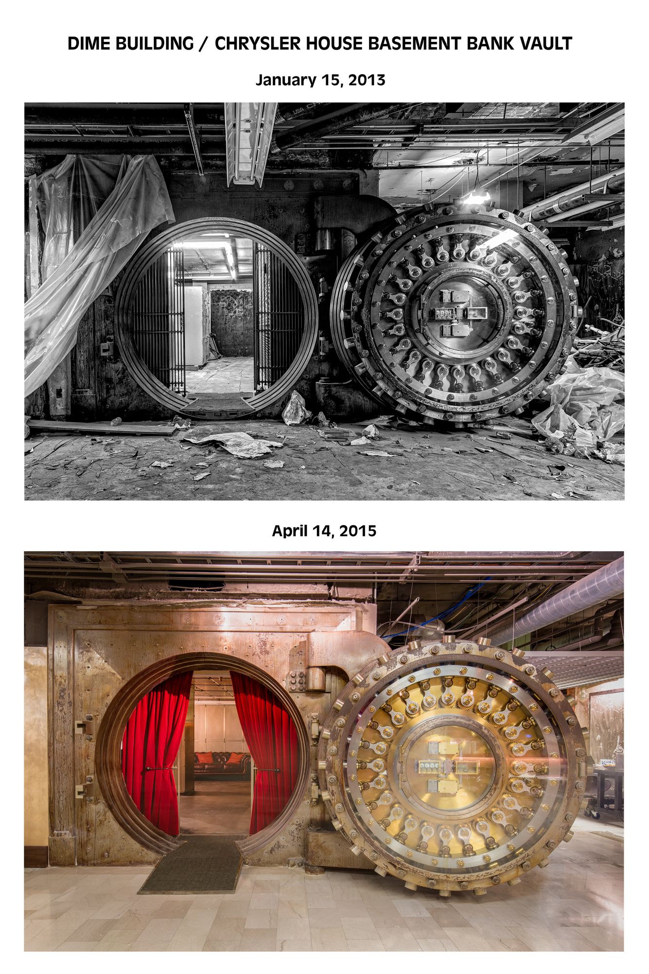 Before/after of the historic Dime Building bank vault showing circular doors and red curtains in Detroit, Michigan.