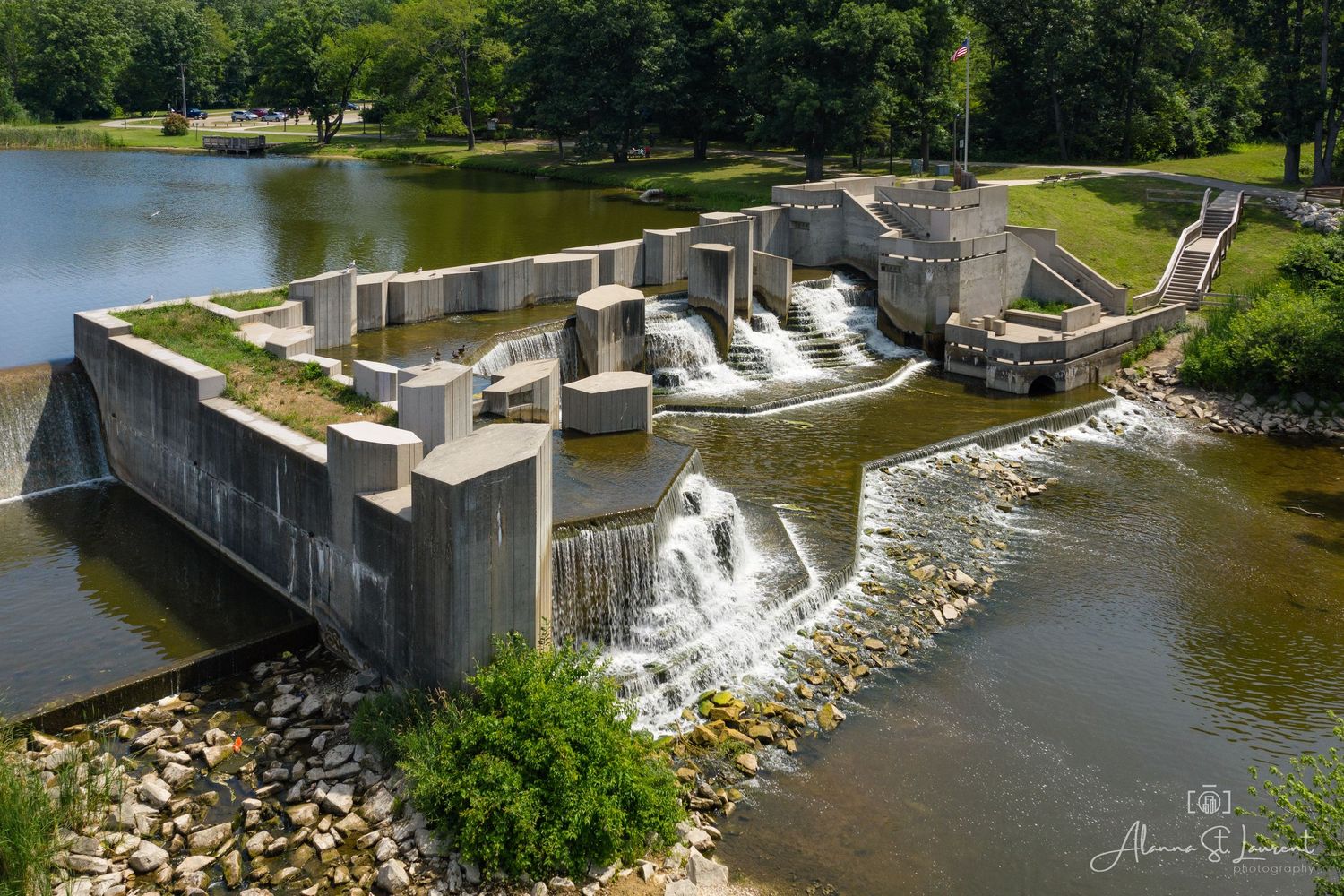Aerial view of the Flint Stepping Stone Falls with water flowing through multiple channels captured by drone.