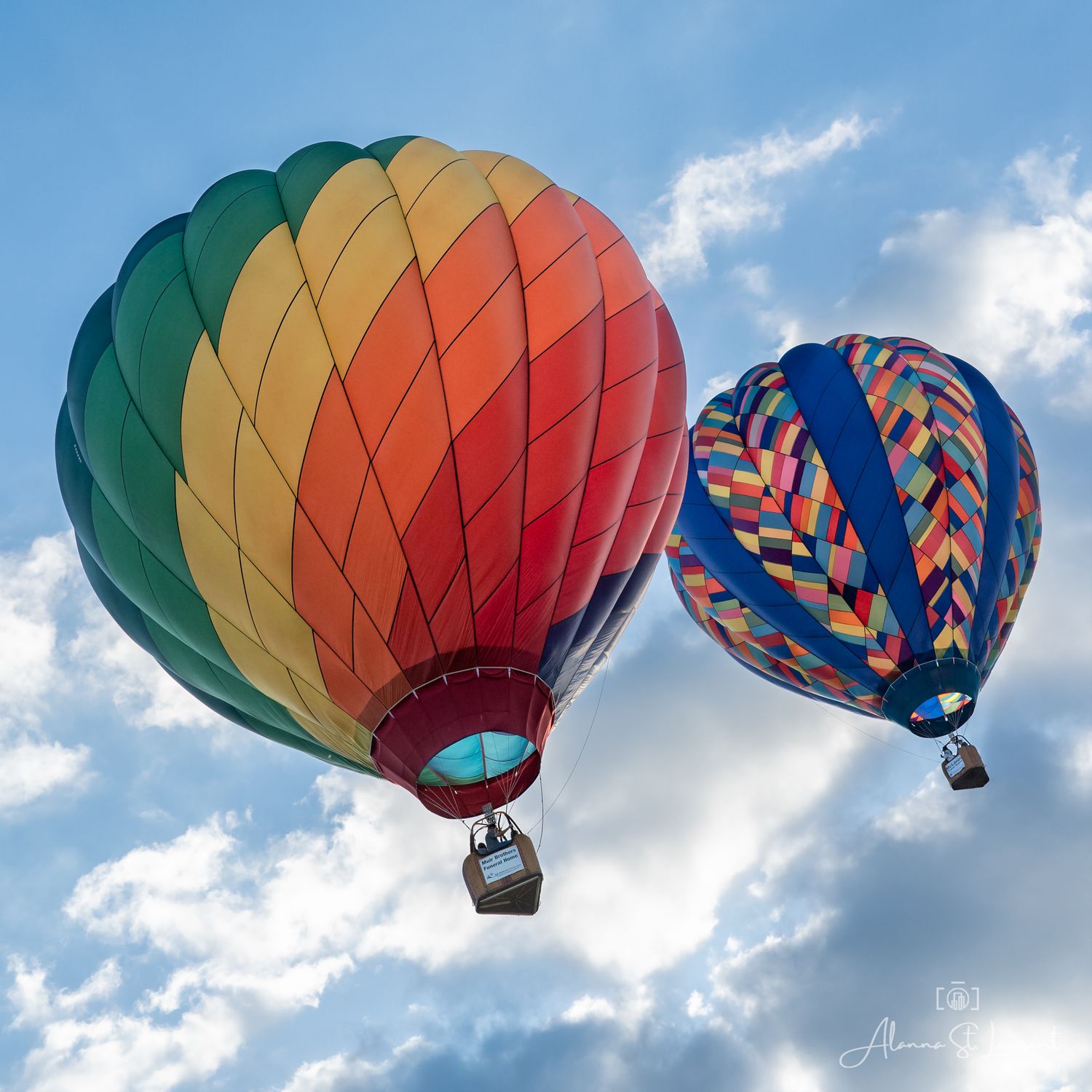 Sequence of hot air balloons ascending into a cloudy blue sky during the Metamora Hot Air Balloon festival in Metamora, Michigan.
