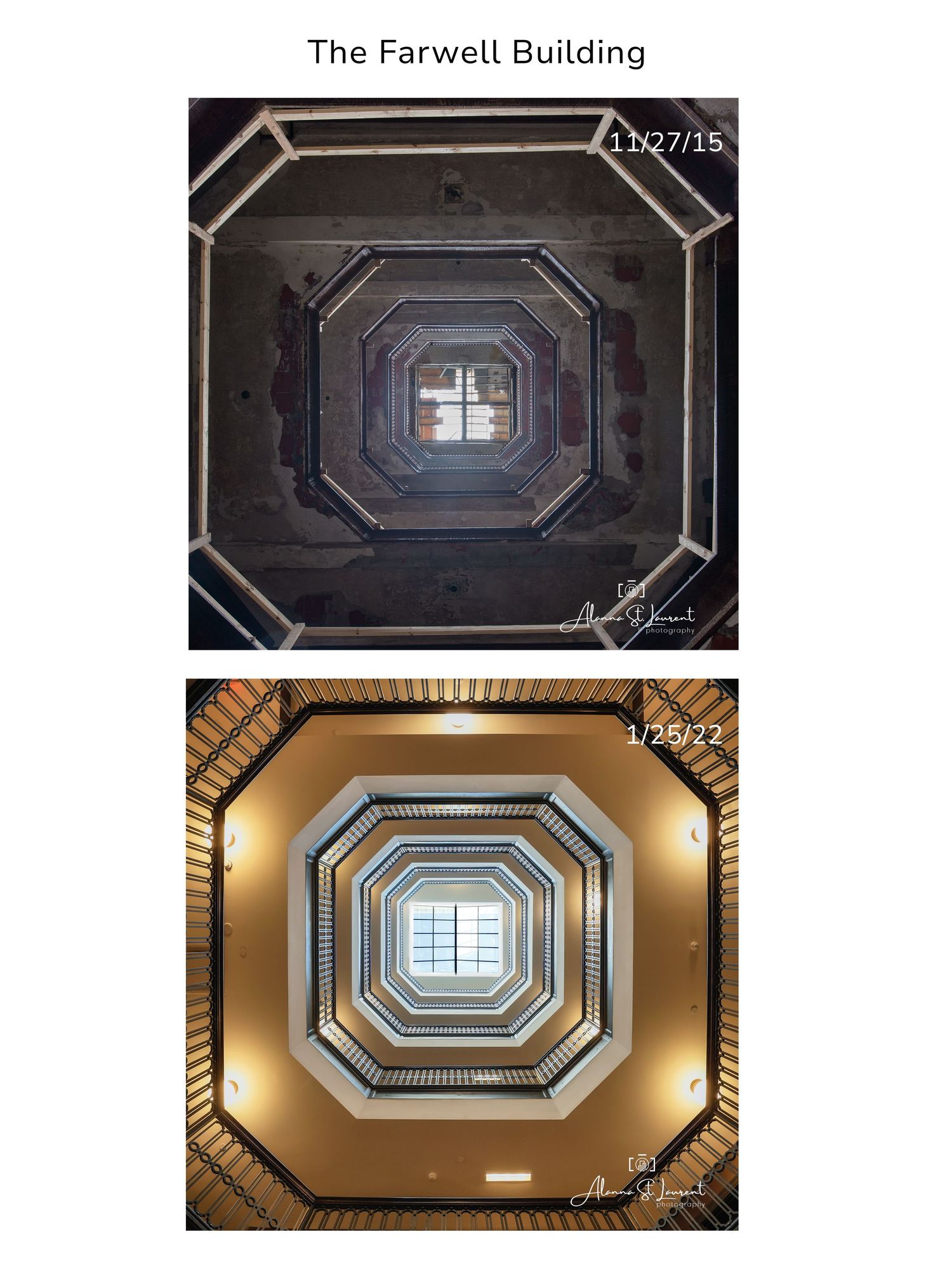 The before/after looking up through the octagonal stairwell showing architectural details of the Farwell building in Detroit, Michigan.