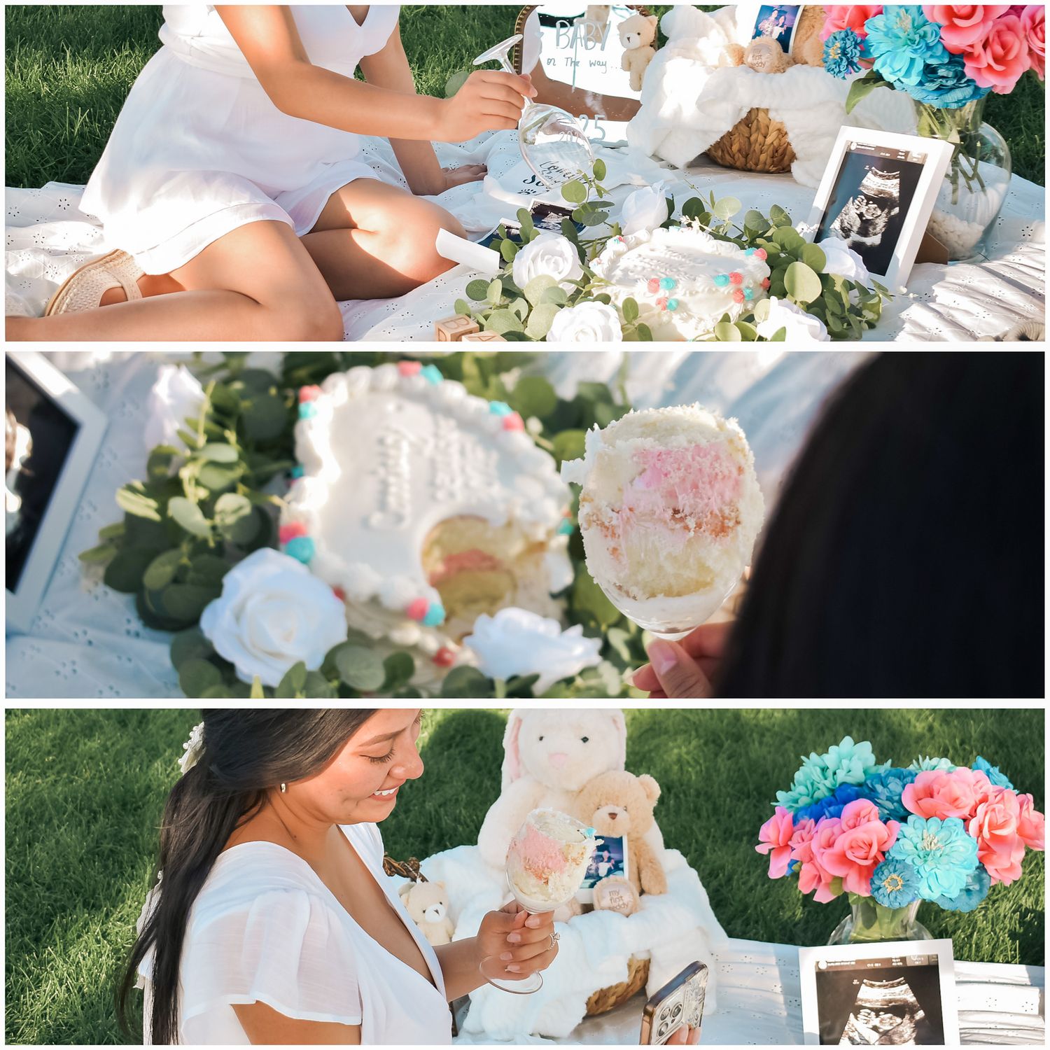 Maternity picnic photoshoot with woman in white dress surrounded by flowers, cake, and ultrasound photos outdoors.