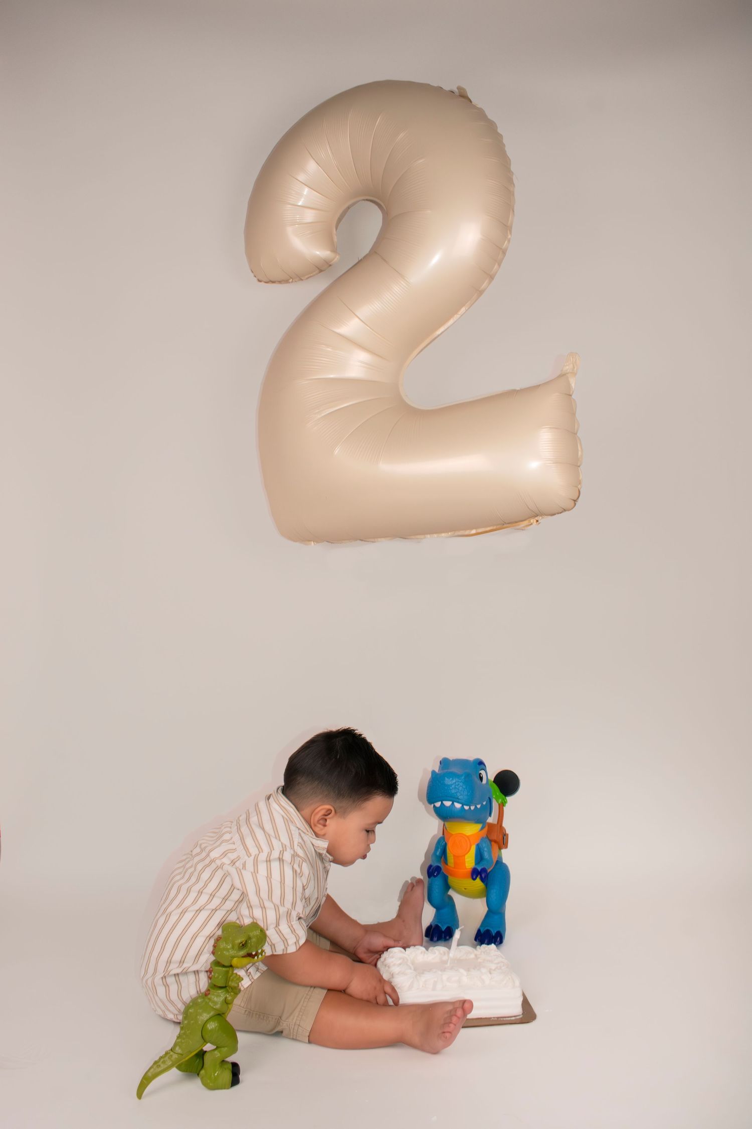 Toddler boy sitting with dinosaur toy and birthday cake under number 2 balloon on white background.