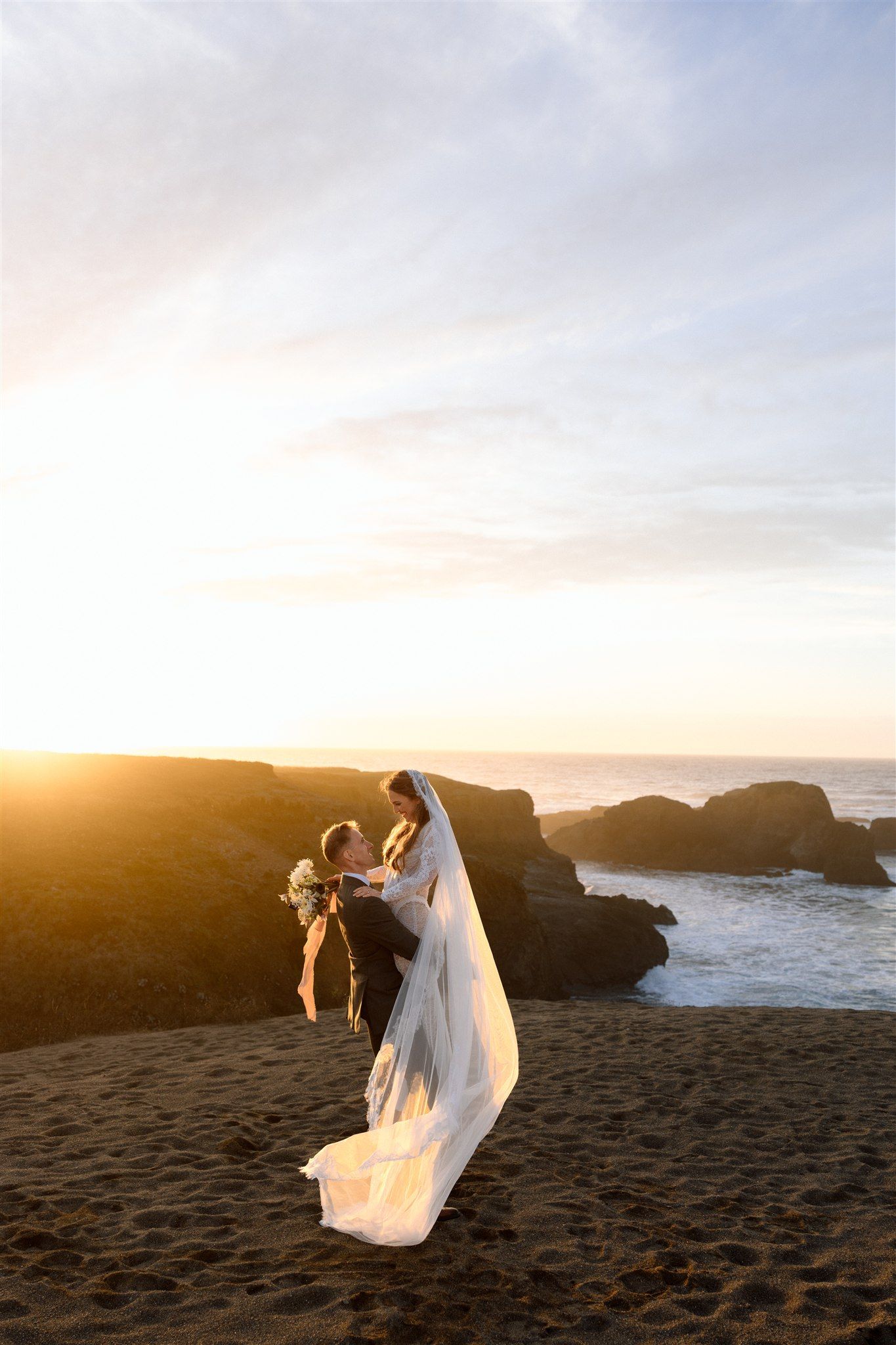 Wedding day golden hour portraits on coast at Spring Ranch in Mendocino, California, captured by Makayla Miranda Photo