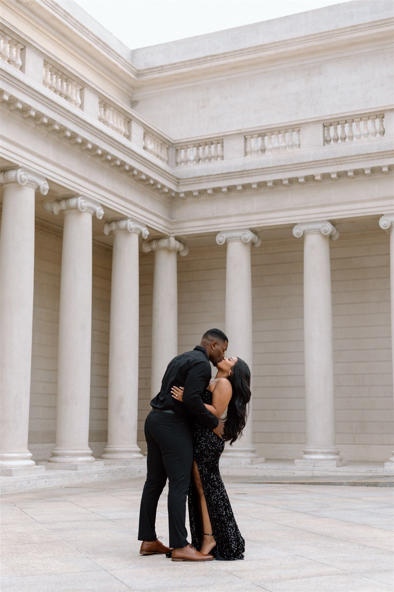 Couple posing for their engagement session at the Legion of Honor Museum in San Francisco, California, captured by Makayla Miranda Photo