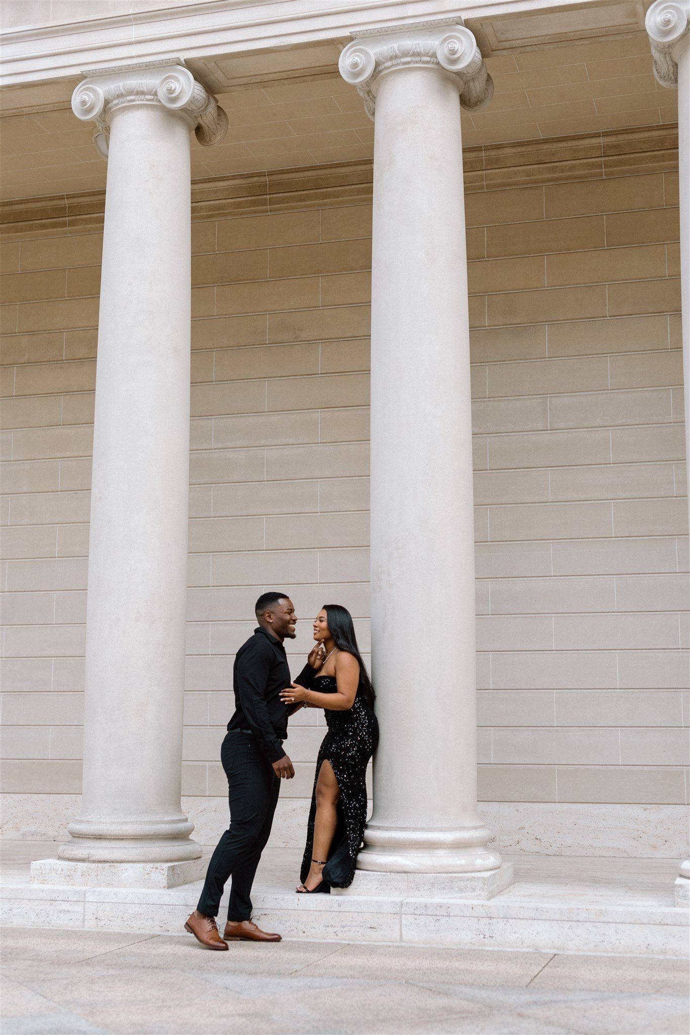 Couple posing for their engagement session at the Legion of Honor Museum in San Francisco, California, captured by Makayla Miranda Photo