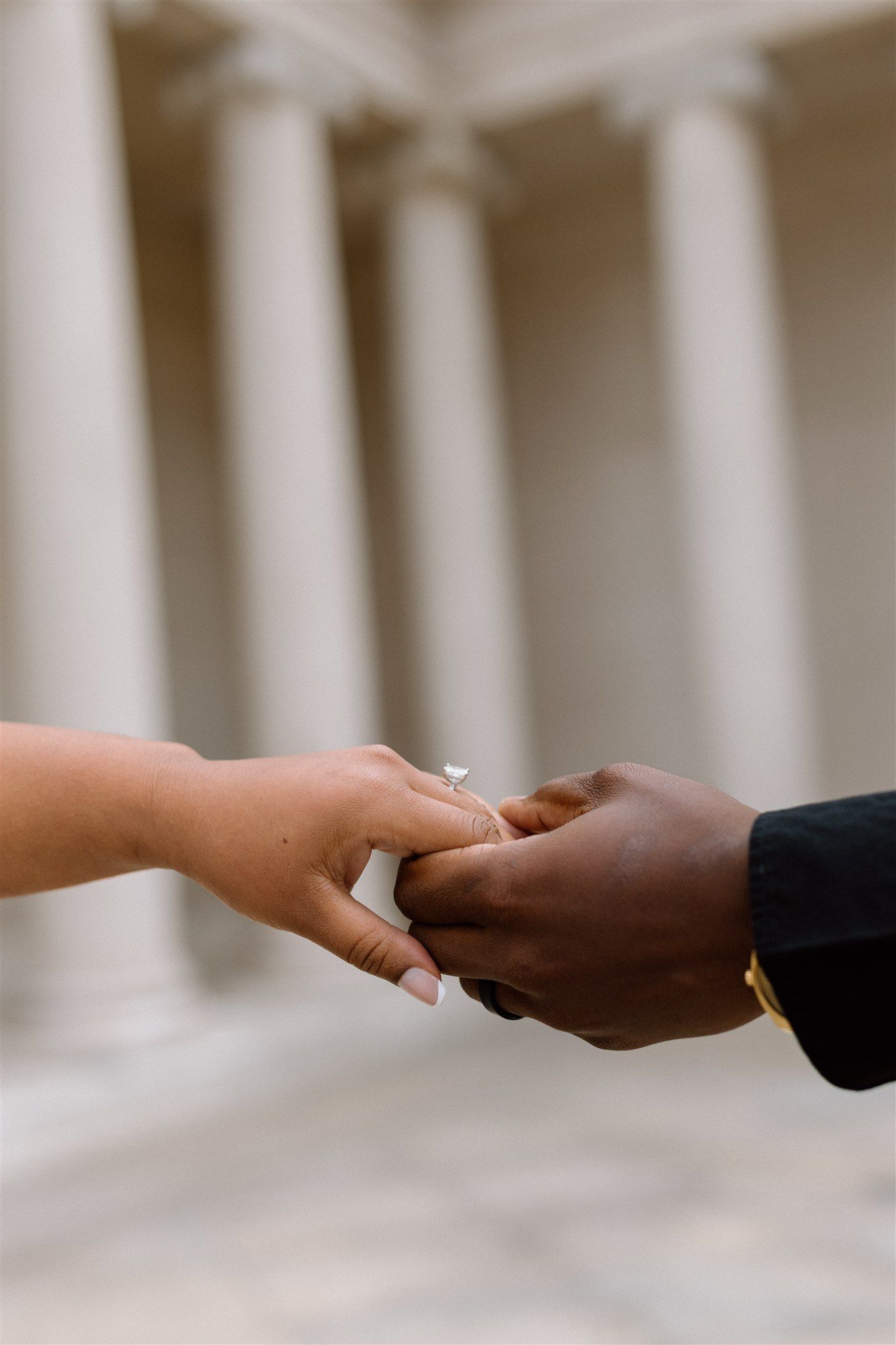 Couple posing for their engagement session at the Legion of Honor Museum in San Francisco, California, captured by Makayla Miranda Photo