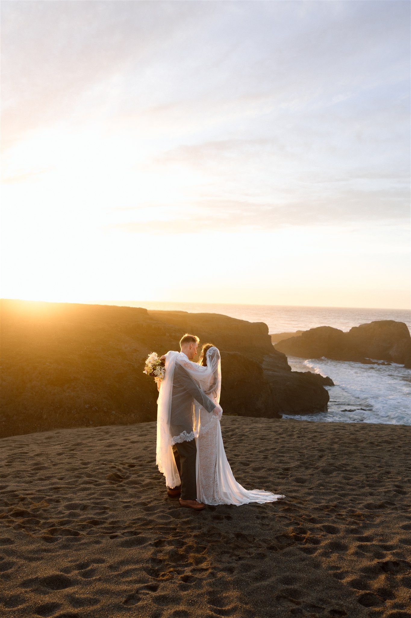 Wedding day golden hour portraits on coast at Spring Ranch in Mendocino, California, captured by Makayla Miranda Photo