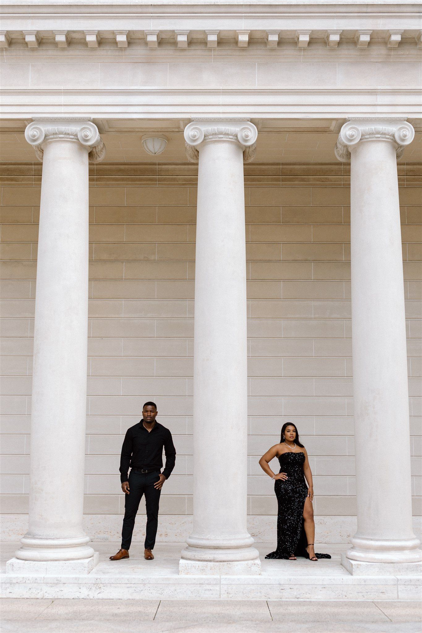 Couple posing for their engagement session at the Legion of Honor Museum in San Francisco, California, captured by Makayla Miranda Photo