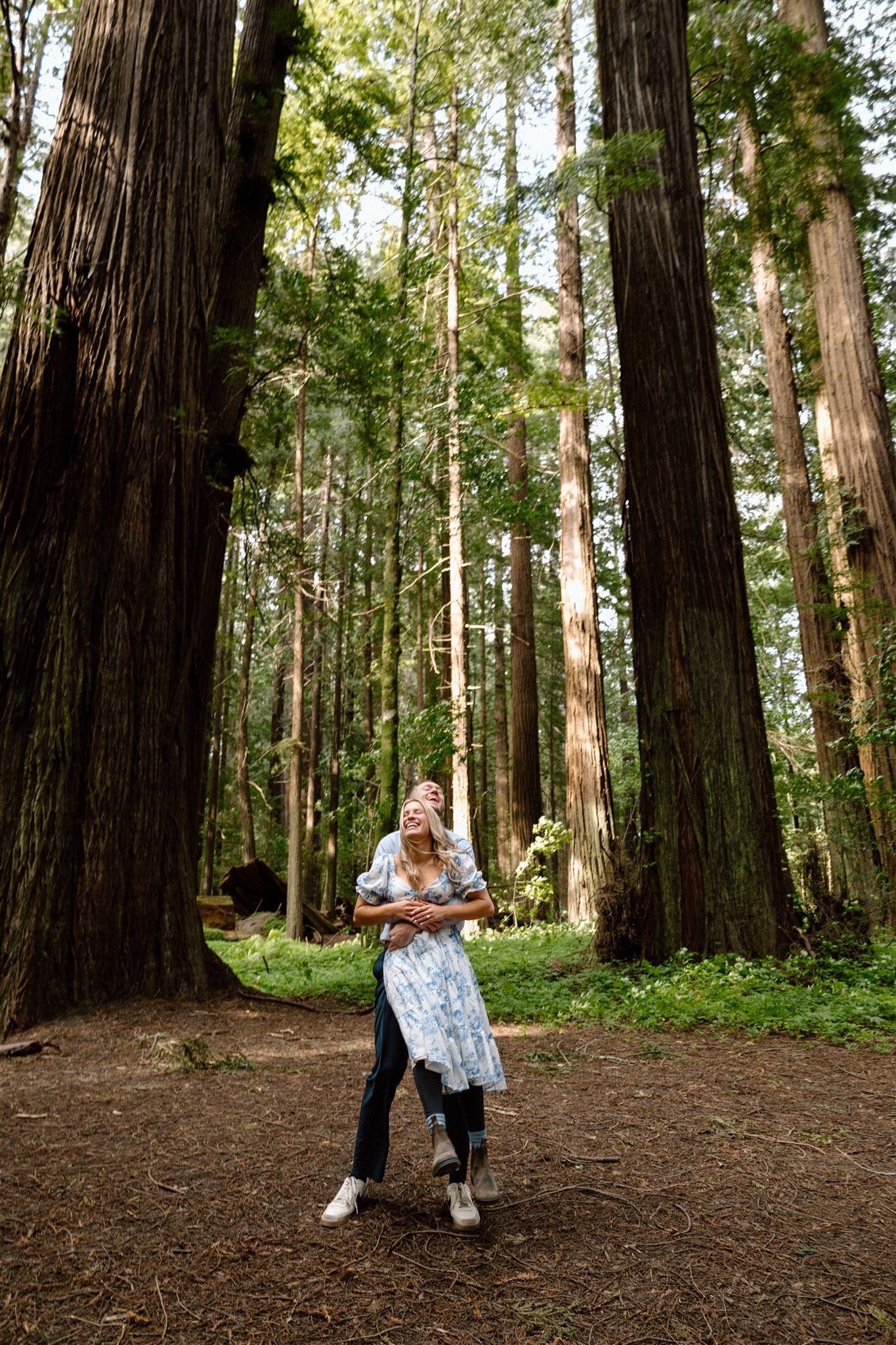 Couple posing for their engagement session among the towering redwoods in Northern California, captured by Makayla Miranda Photo.