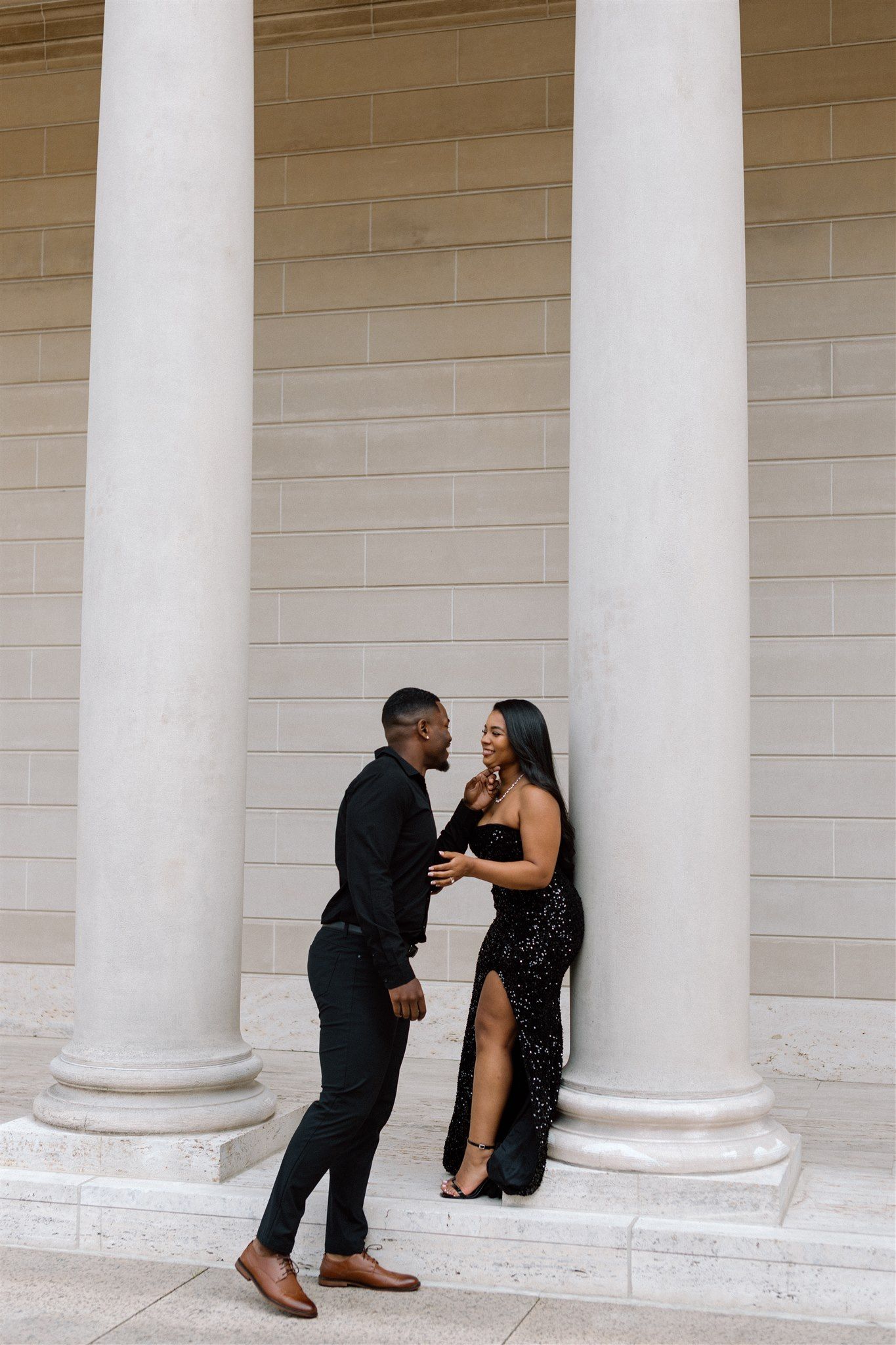 Couple posing for their engagement session at the Legion of Honor Museum in San Francisco, California, captured by Makayla Miranda Photo