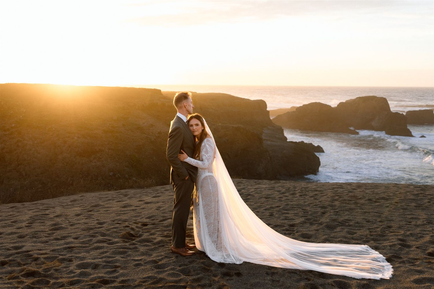 Wedding day golden hour portraits on coast at Spring Ranch in Mendocino, California, captured by Makayla Miranda Photo