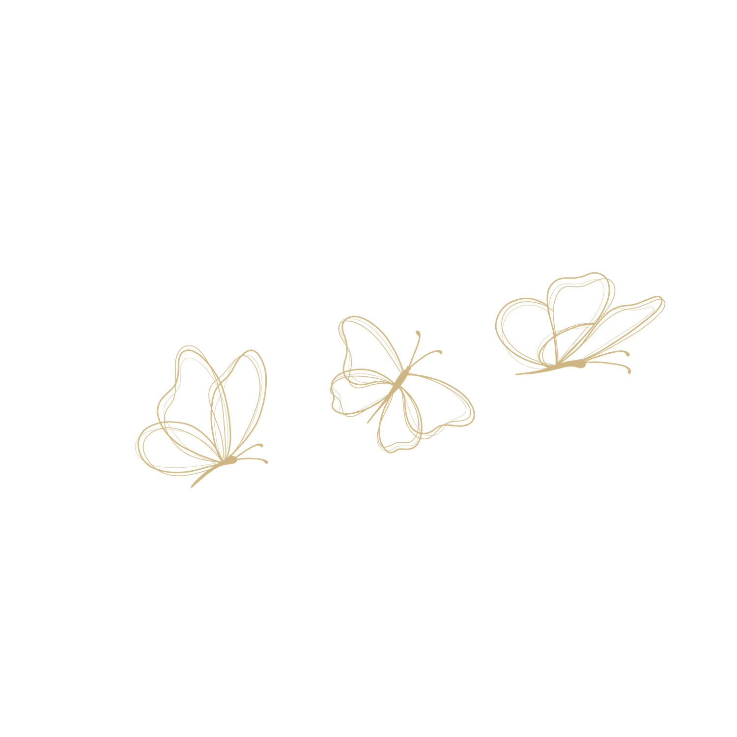 Delicate gold line drawings of three butterflies in minimalist style arranged in a gentle curved pattern.