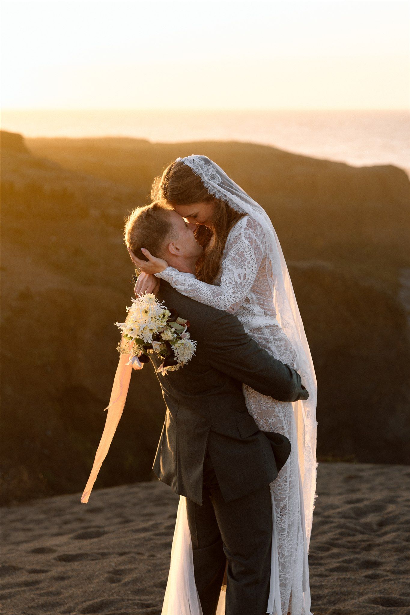Wedding day golden hour portraits on oceanside at Spring Ranch in Mendocino, California, captured by Makayla Miranda Photo
