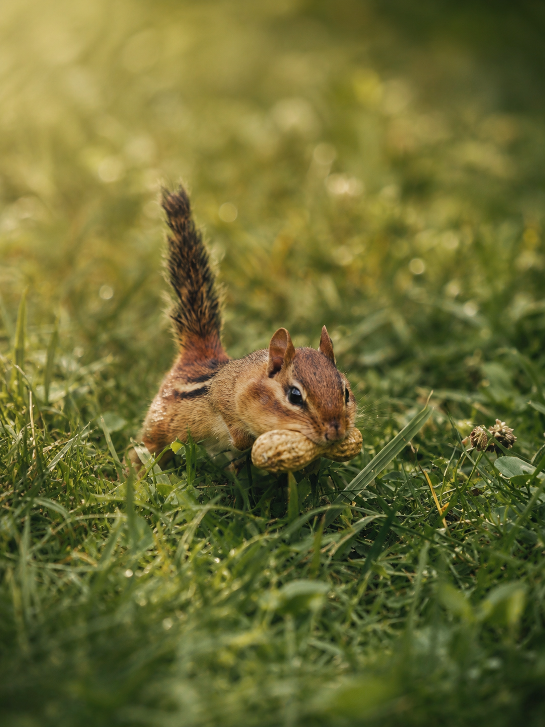 A chipmunk foraging in lush green grass, carrying a large nut in its mouth with its striped tail raised.