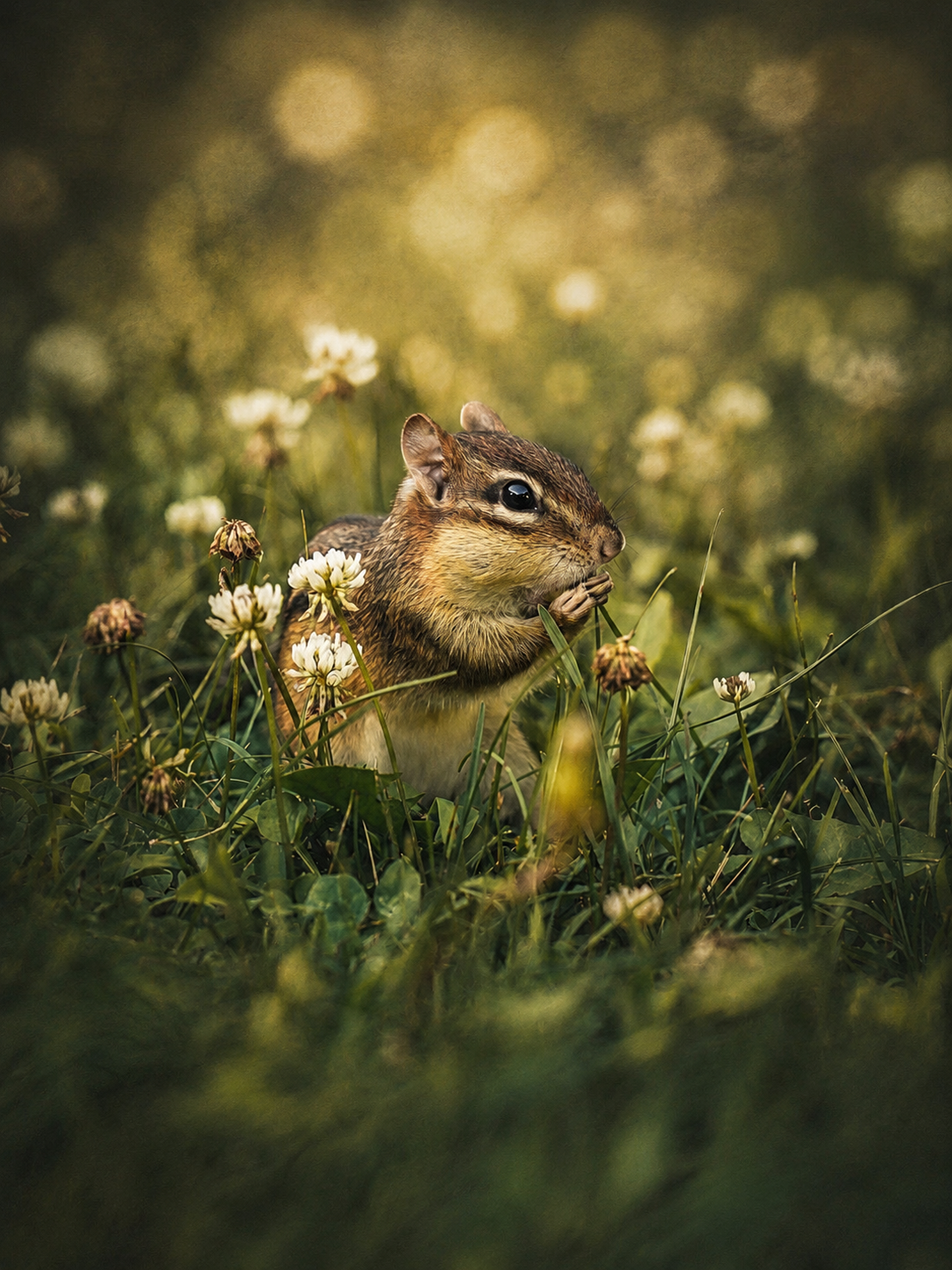 A chipmunk sits among white clover flowers in green grass, holding food in its paws in golden sunlight.