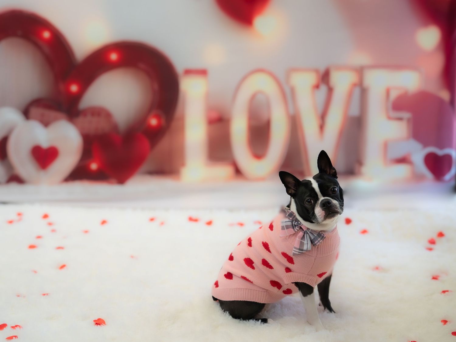 A Boston Terrier in a pink heart-print sweater poses in front of a Valentine's Day LOVE sign with red hearts.