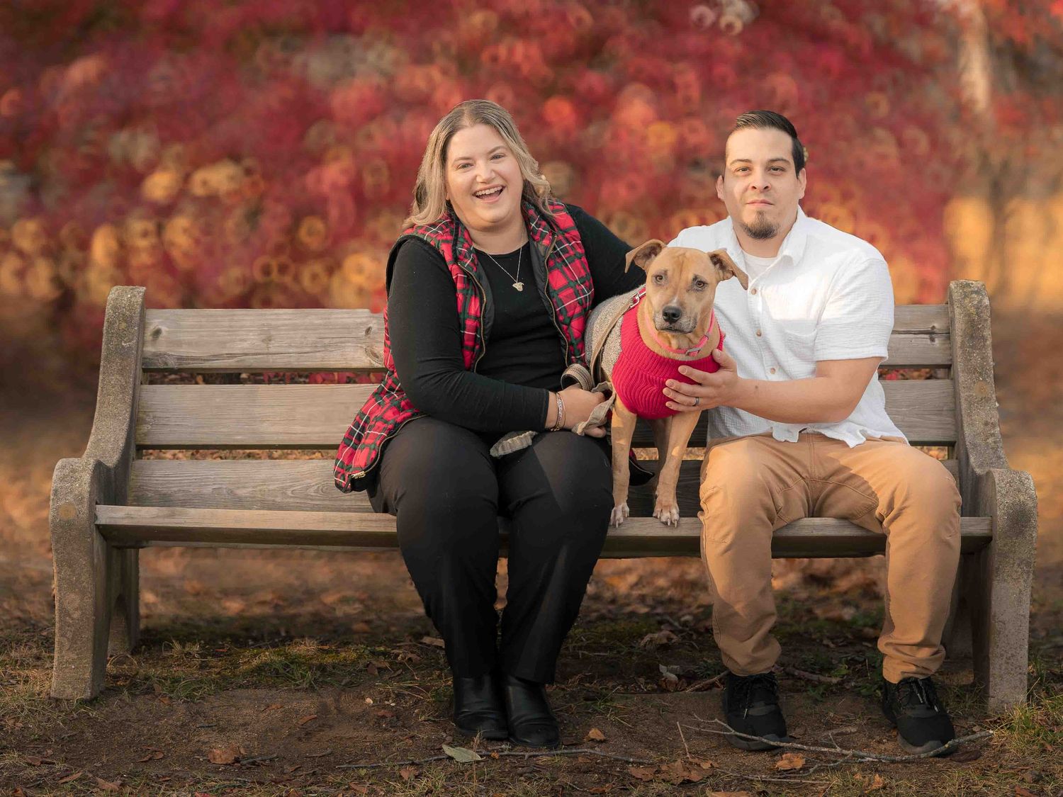 Couple sitting on a wooden park bench with their brown dog wearing a red shirt, autumn foliage background.