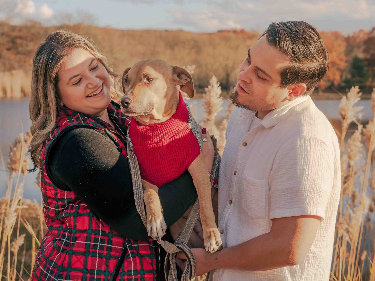 Couple smiling and holding their dog in a red sweater amid golden autumn reeds by a lake.