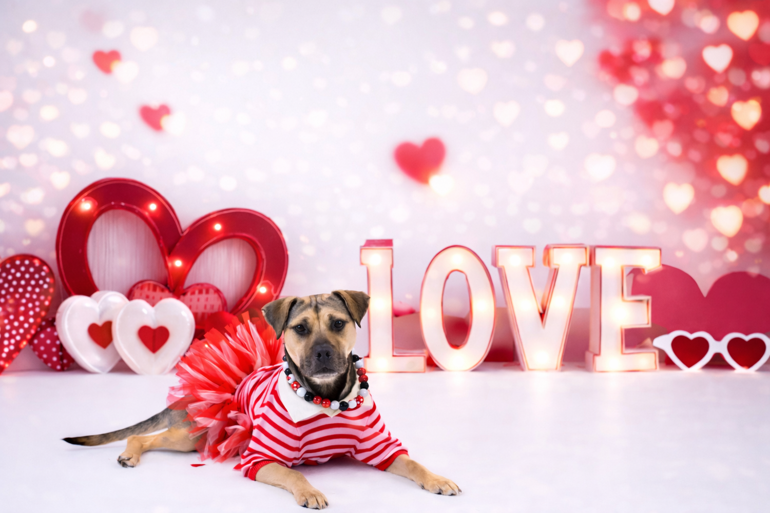 A tan and black dog poses in a red striped outfit surrounded by Valentine's Day heart decorations.
