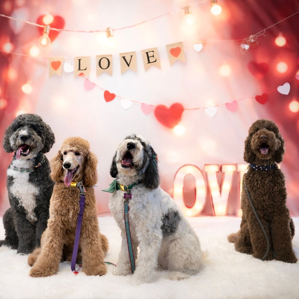 Four poodles pose together in a Valentine's Day themed photo with LOVE banner, heart decorations, and warm bokeh lights.