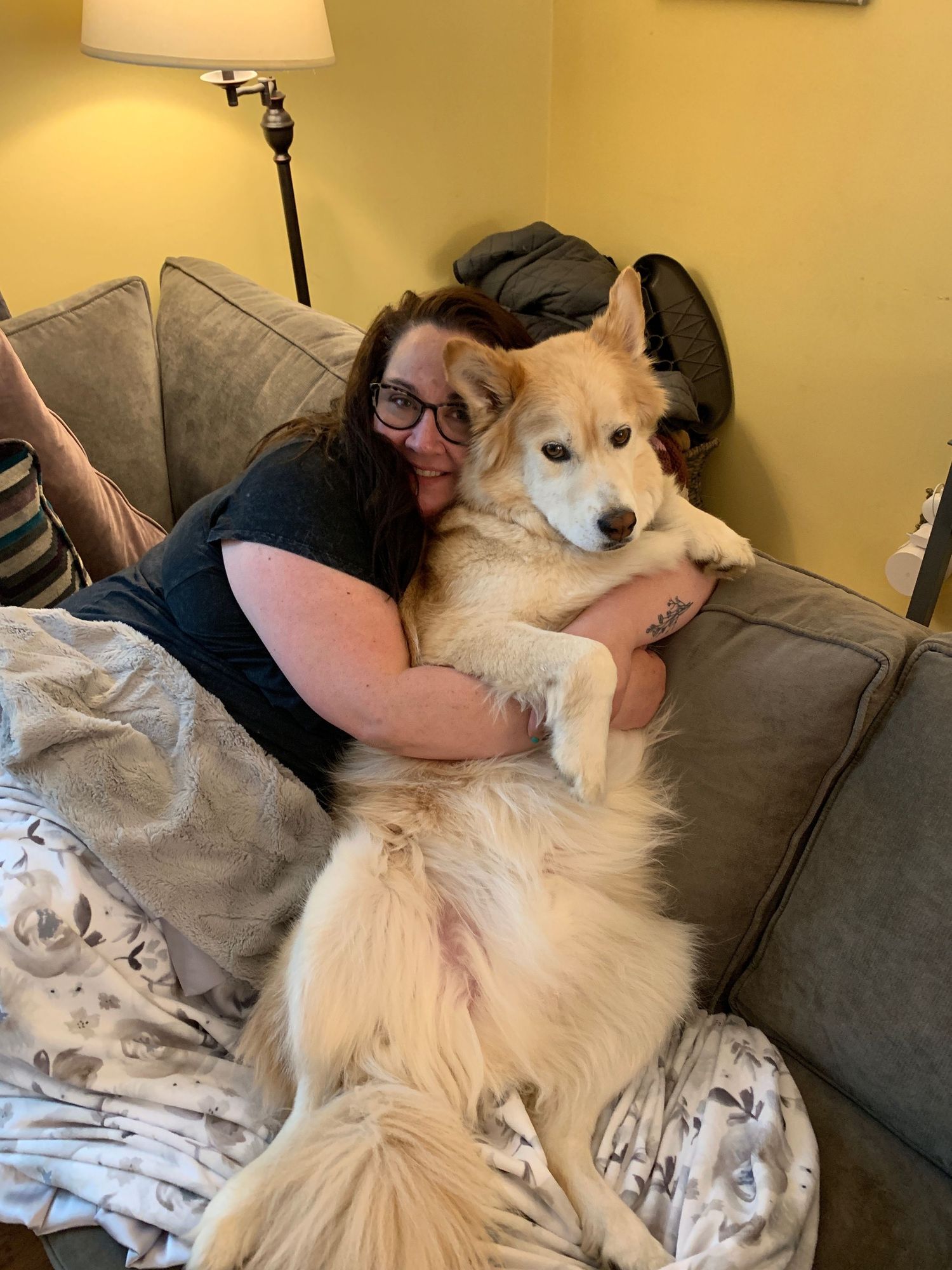 Smiling woman hugging a large fluffy golden Husky on a gray couch indoors.
