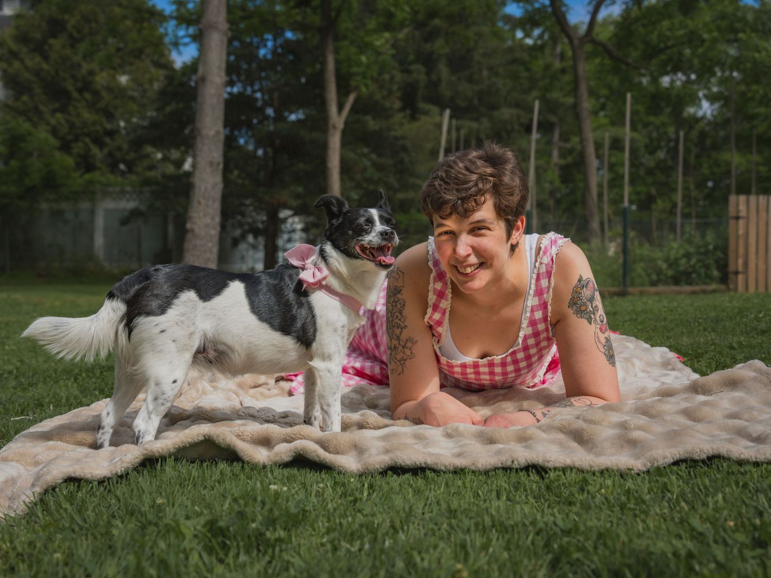 Woman in pink dress lying on blanket in yard smiling at black and white Border Collie dog on sunny day.