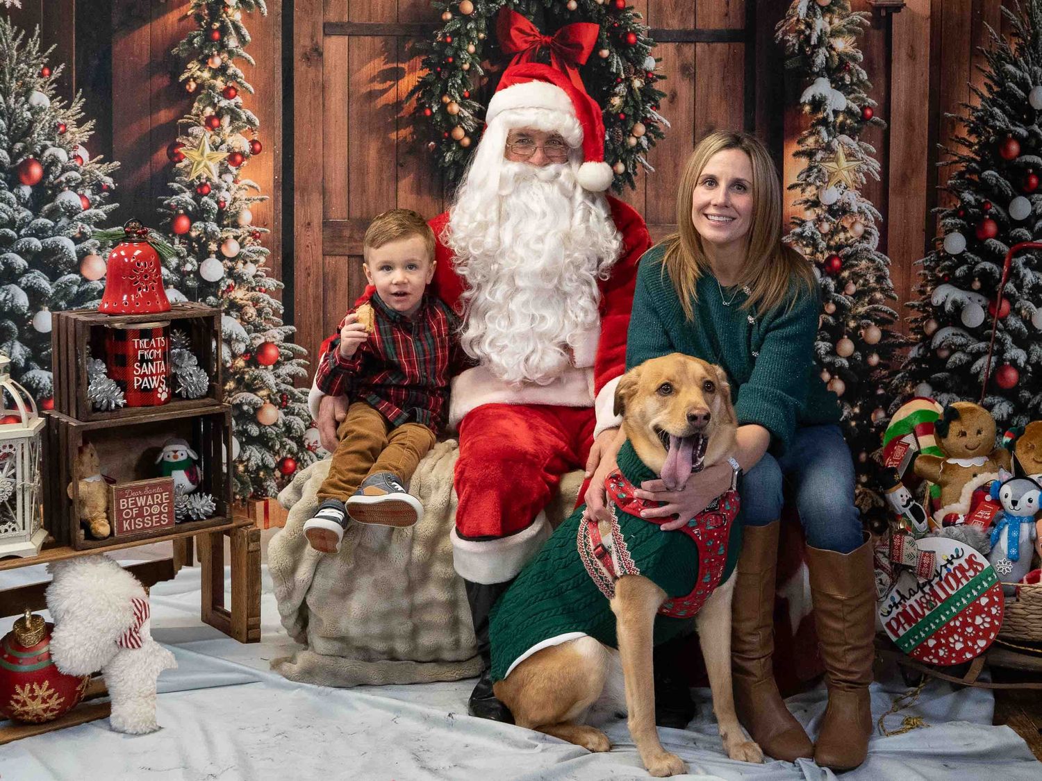 Family with a young boy and yellow Lab posing with Santa Claus in a festive Christmas setting.