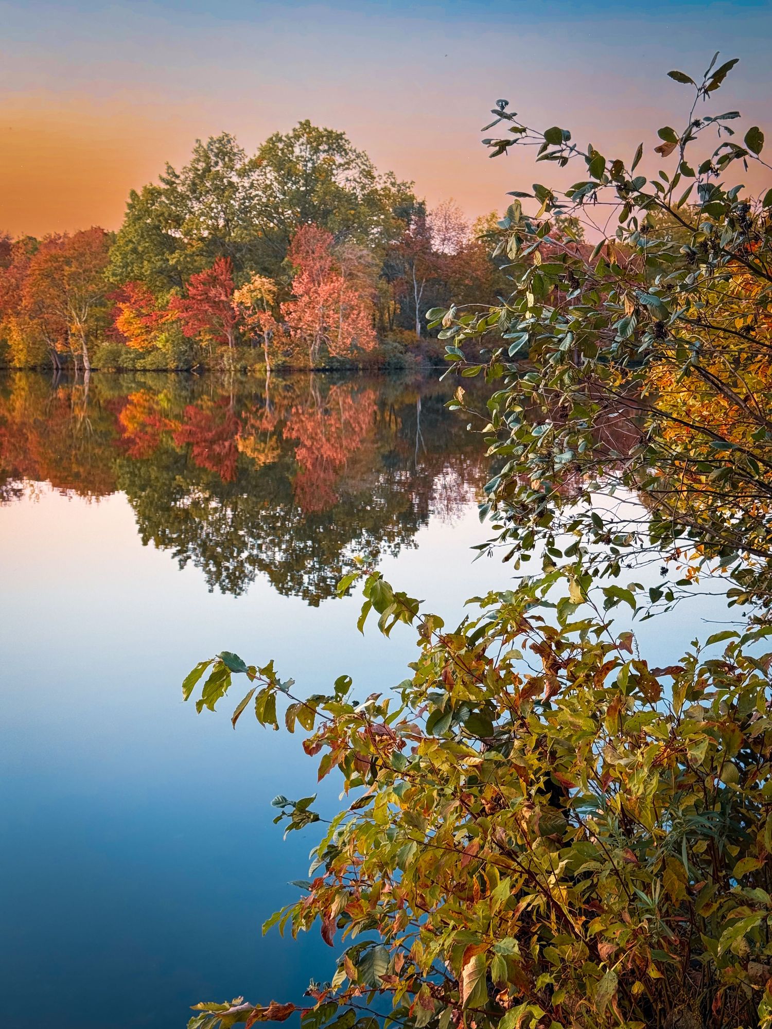 Stunning autumn lake reflection with colorful fall foliage trees at golden hour sunset.