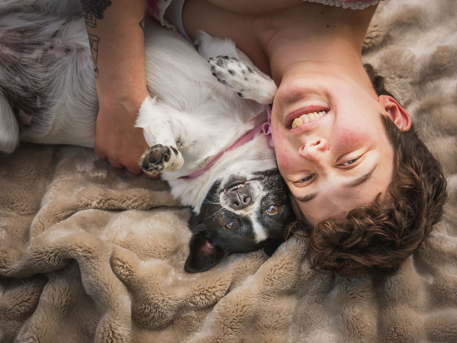 Smiling person lying upside down on a cozy blanket, cuddling with an adorable black and white dog.