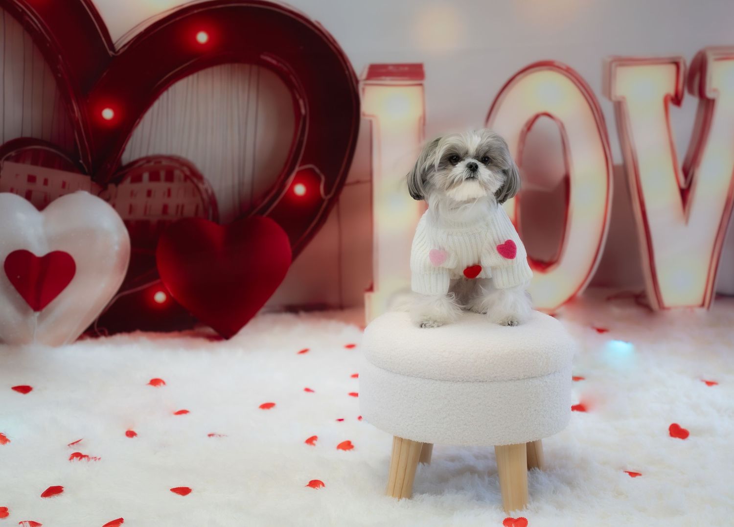 Shih Tzu dog sitting on white stool surrounded by Valentine's Day decorations including LOVE letters and heart shapes.