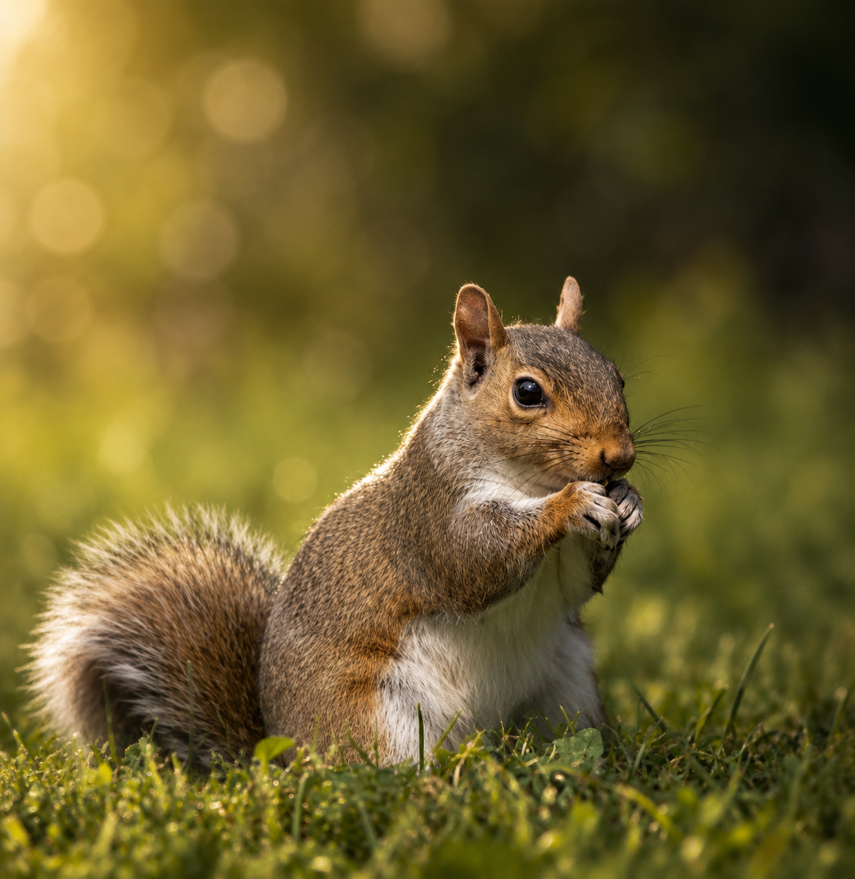 A grey squirrel sits on green grass in golden sunlight, holding and eating a small nut with its paws.