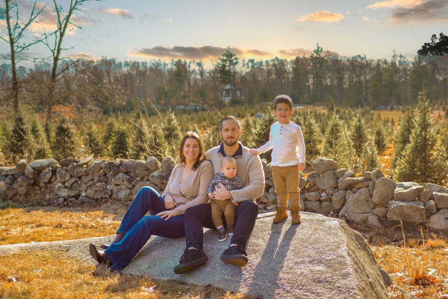 family holiday mini session. photography Christmas card session at Christmas tree farm in Central Massachusetts