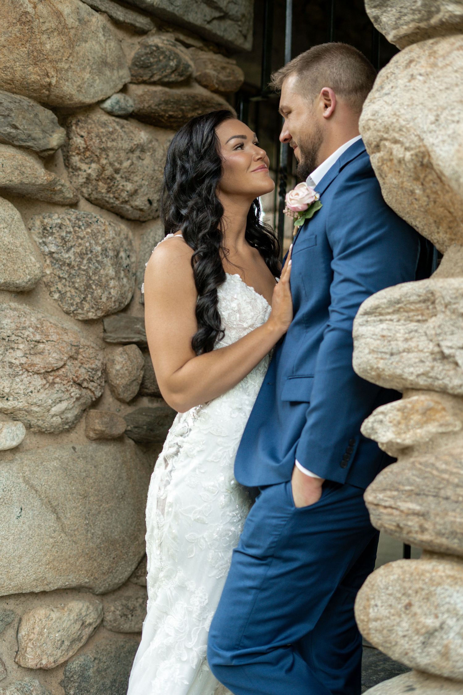 Elopement wedding portrait in a castle archway at Bancroft Tower. Worcester, MA