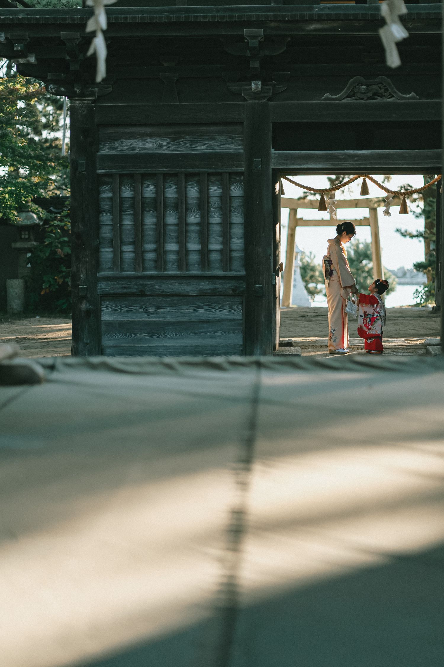 神社の境内で過ごす七五三の一場面