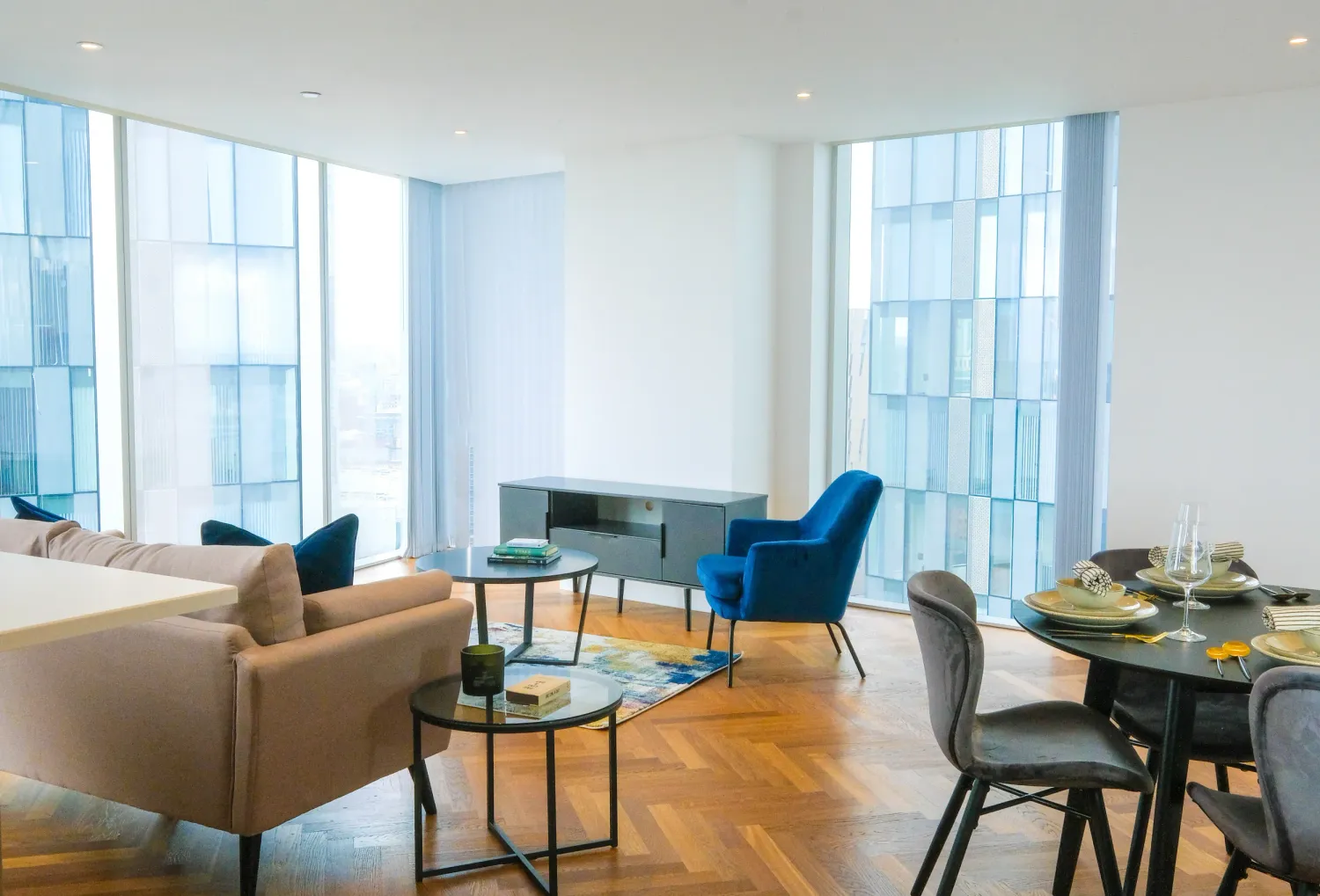 Interior photograph of stylish lounge in Manchester, showcasing warm textures and atmosphere