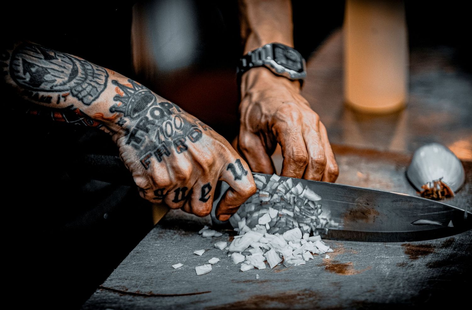 Creative image of a chef chopping an onion