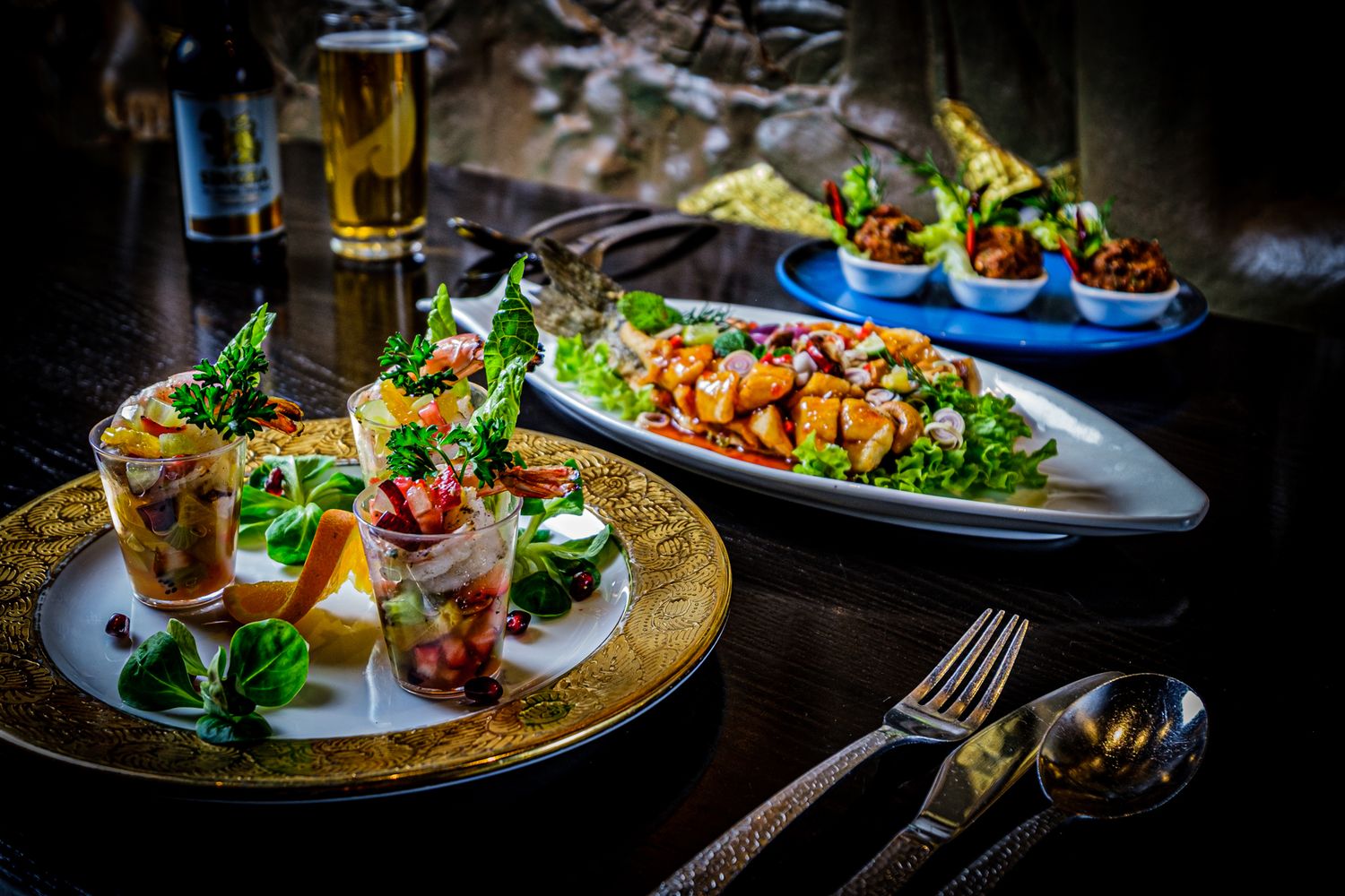 Food photograph of a selection of delicious Thai dishes in a Leeds restaurant, styled to highlight texture and presentation