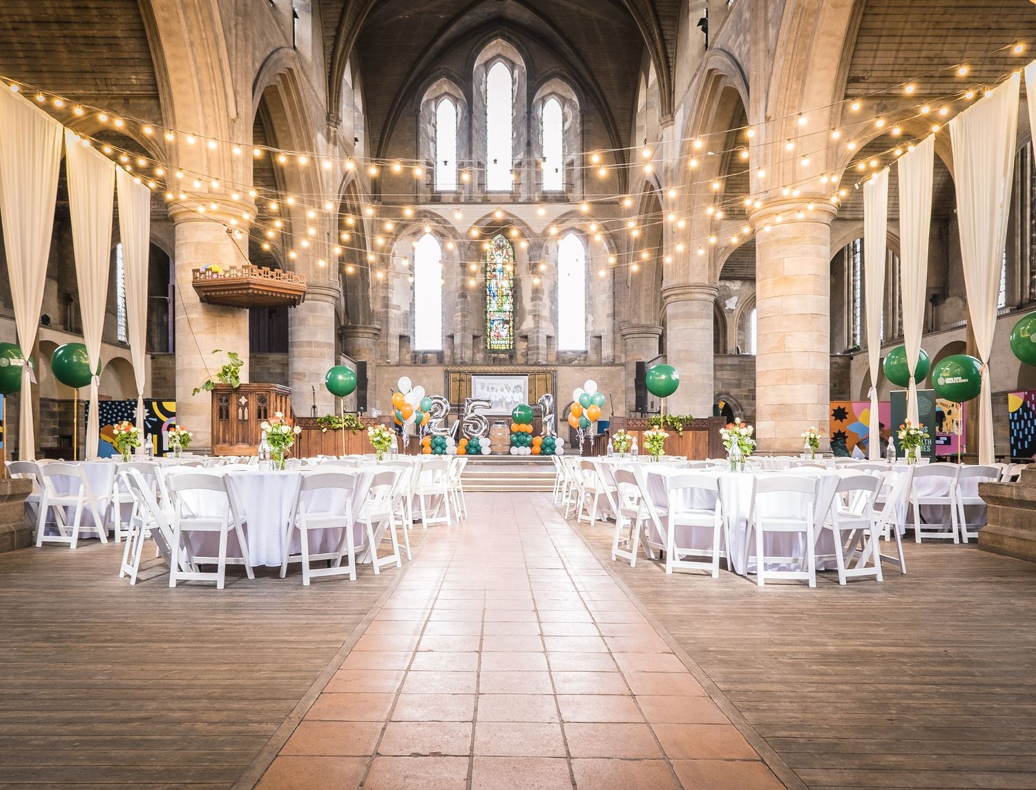 Interior photograph of an event hall in Left Bank, Leeds, showcasing the style of this fabulous converted church