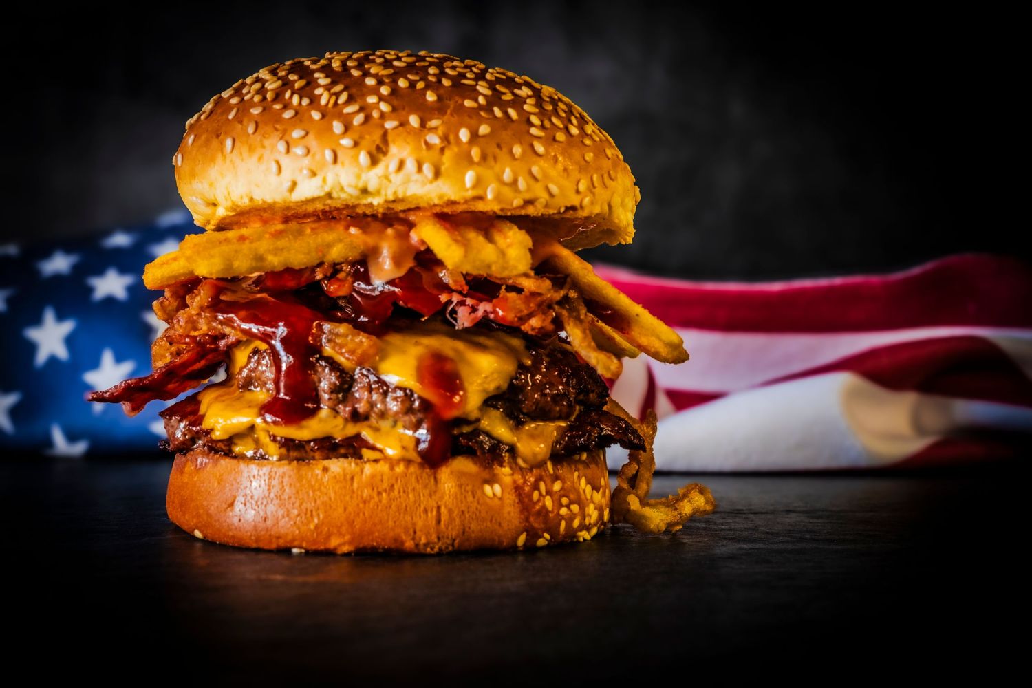 Food photograph of a delicious American style burger in a North Yorkshire restaurant, styled to highlight texture and presentation