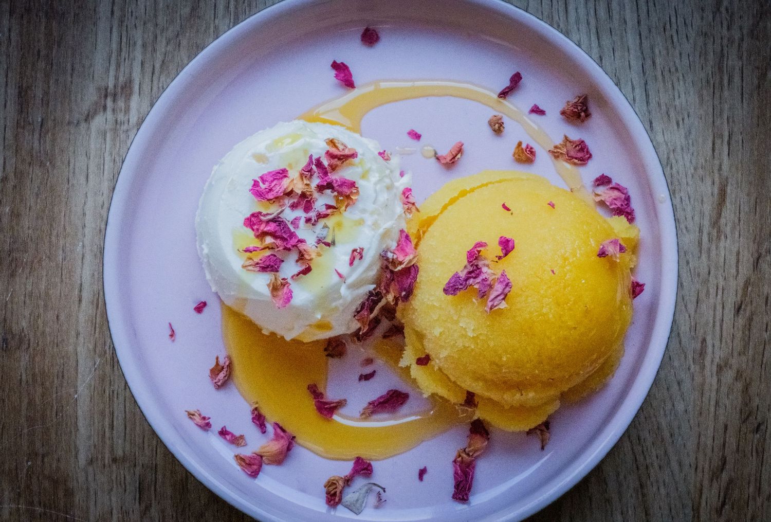 Food photograph of two sorbet scoops at The Dinner Club in Sheffield, styled to highlight the vibrant colour and texture of the dish
