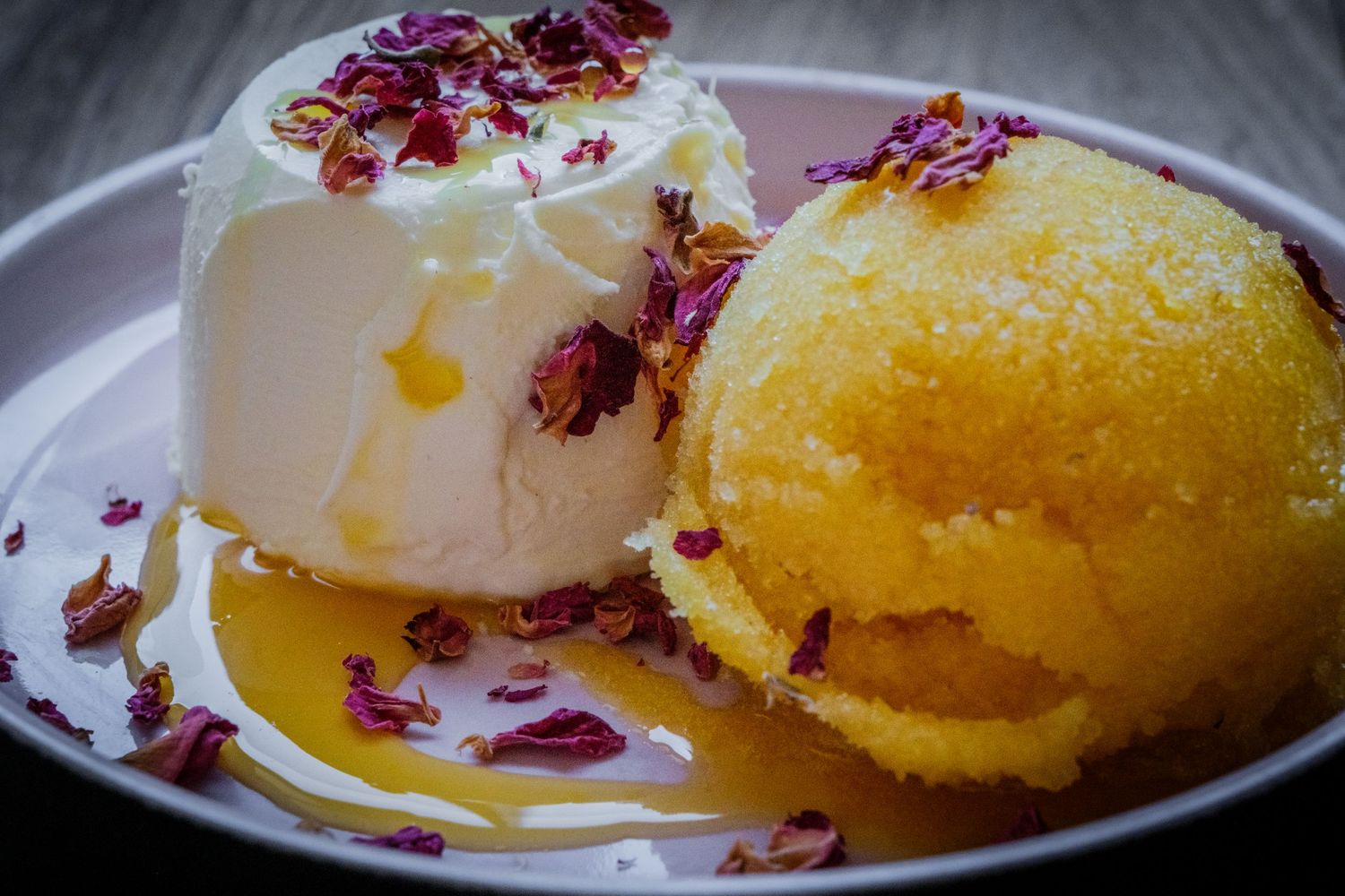Food photograph of two sorbet scoops at The Dinner Club in Sheffield, styled to highlight the vibrant colour and texture of the dish
