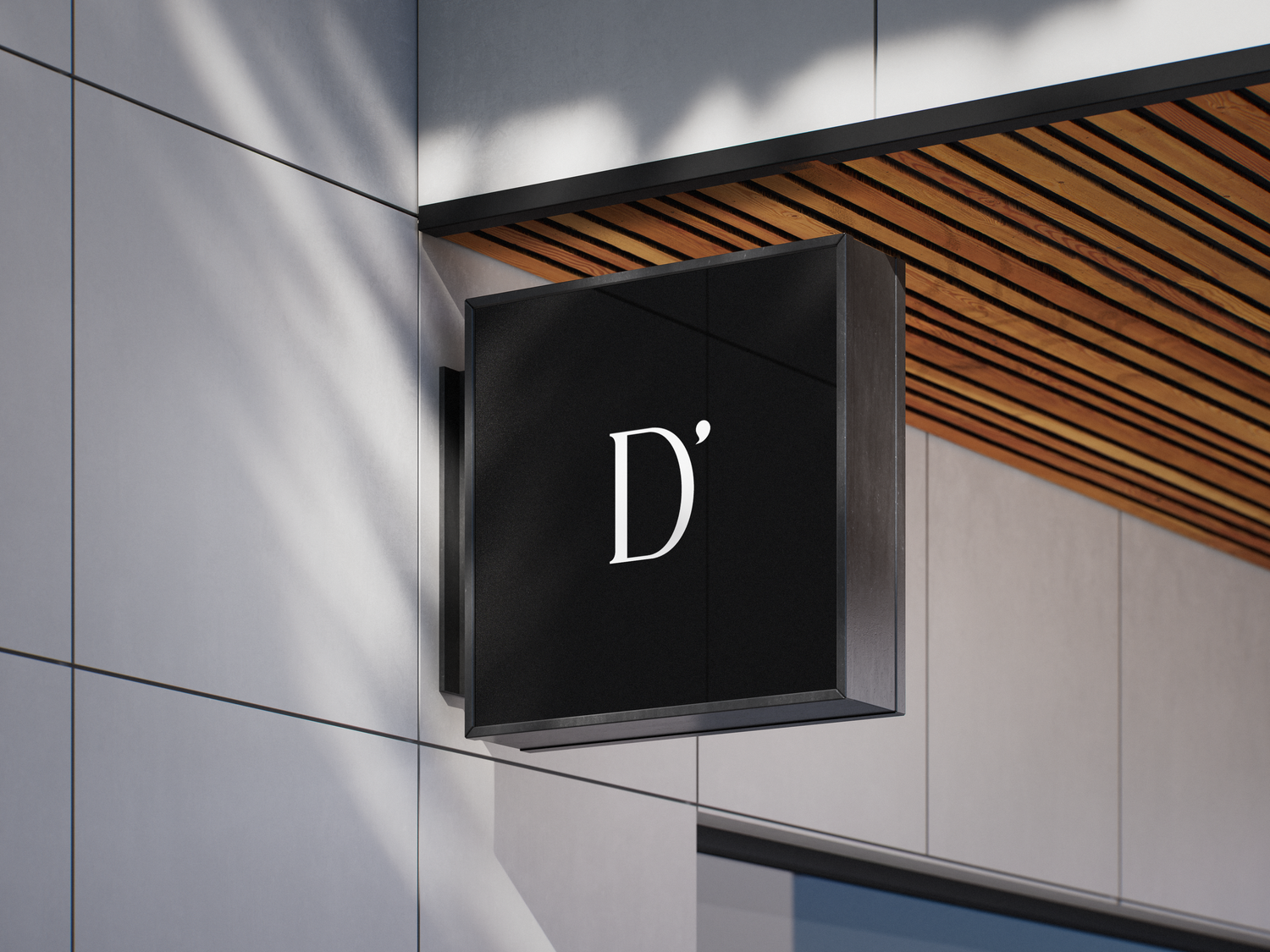 Black square outdoor sign with elegant white D apostrophe logo on modern building exterior.