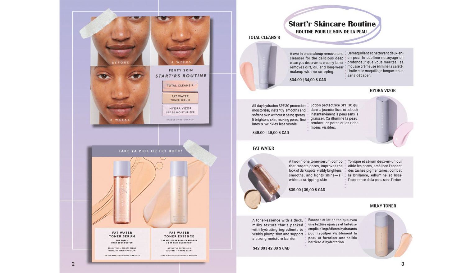 Beauty catalog page featuring skincare routine products with foundation swatches and two models showcasing makeup application.
