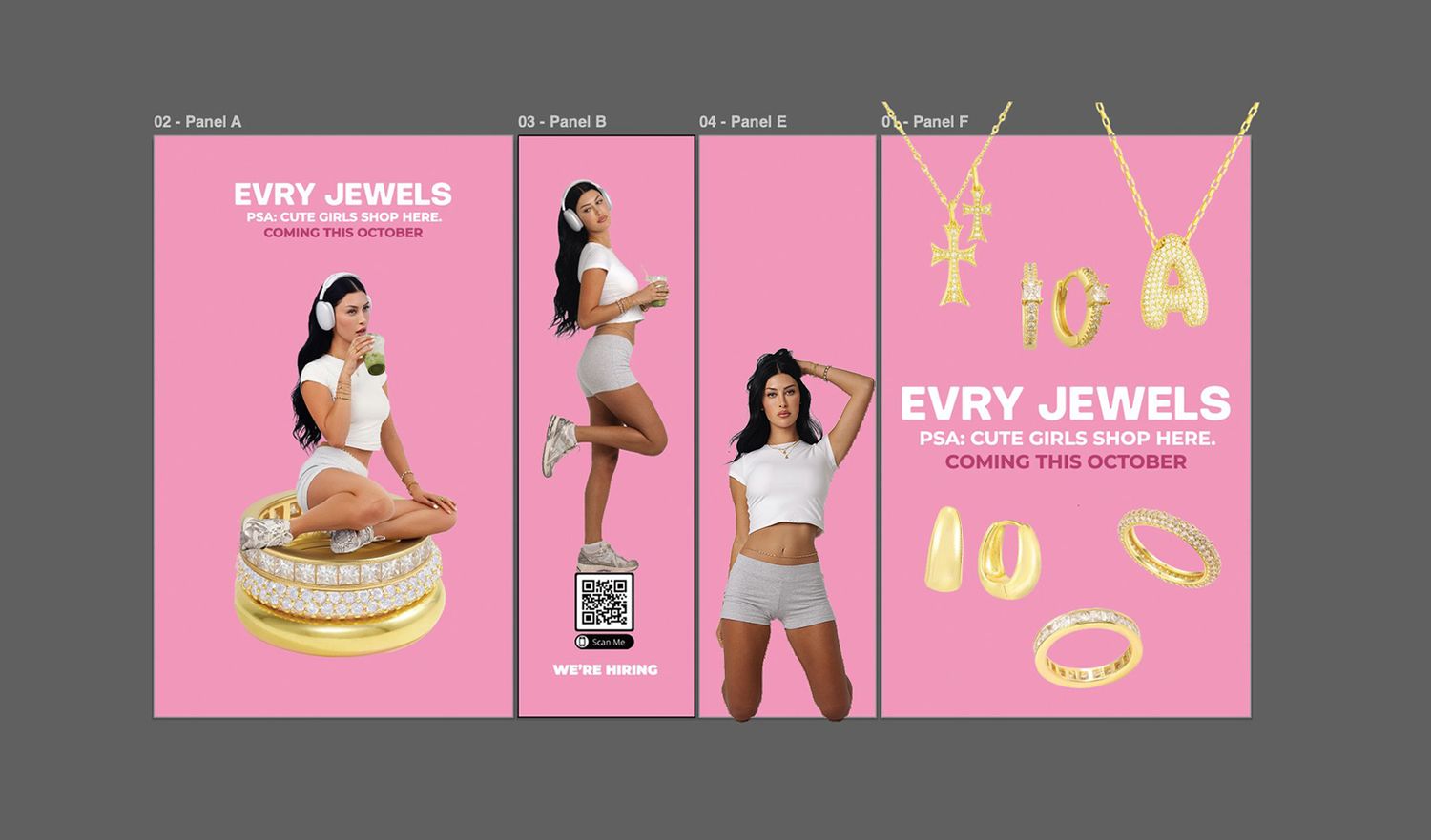 Evry Jewels ad featuring a woman in white posing with gold jewelry, rings, necklaces, and letter pendants on pink background.
