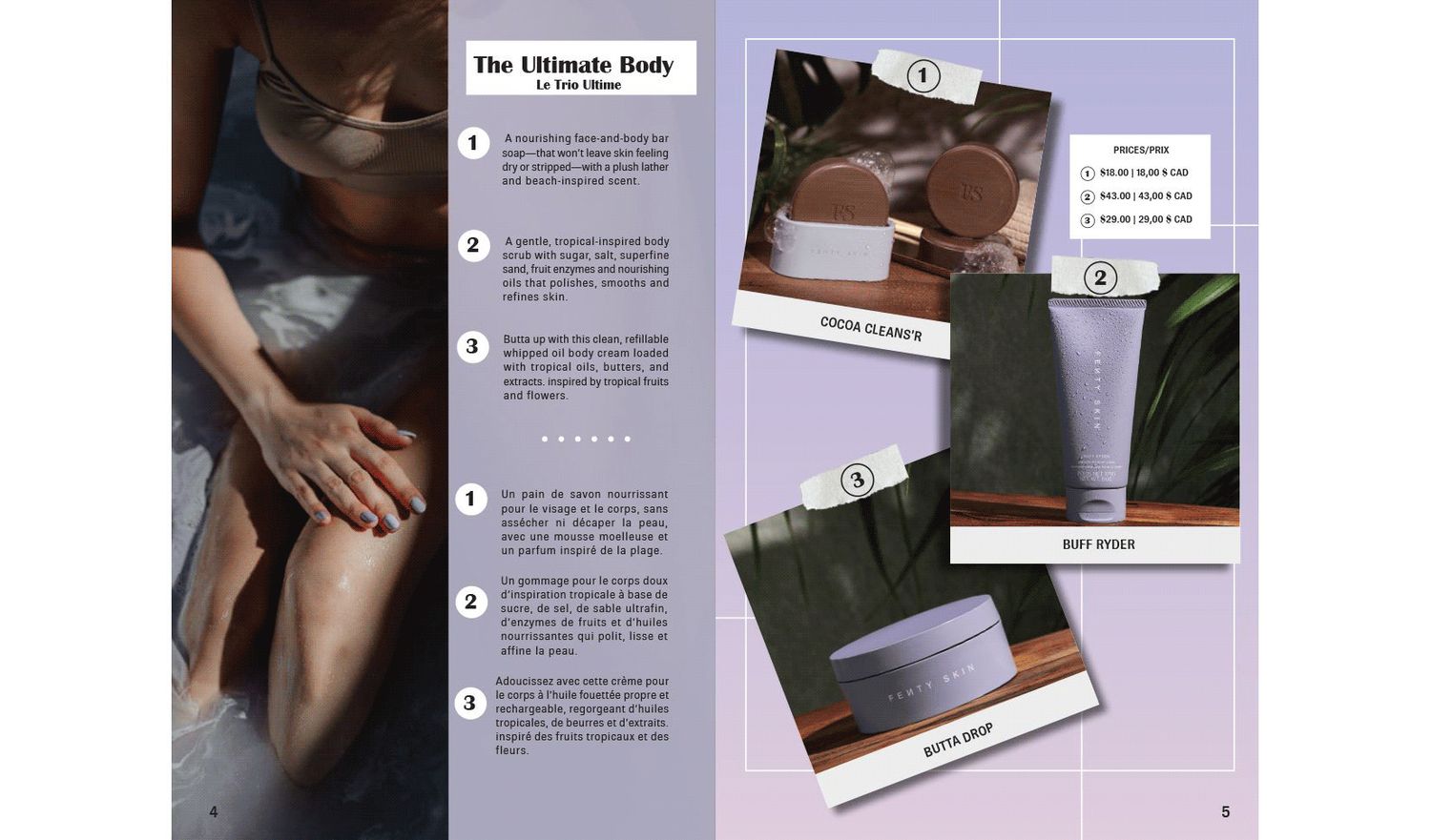 A magazine spread featuring body care products including sugar scrub, body lotion, and dry brush alongside a woman applying skincare.