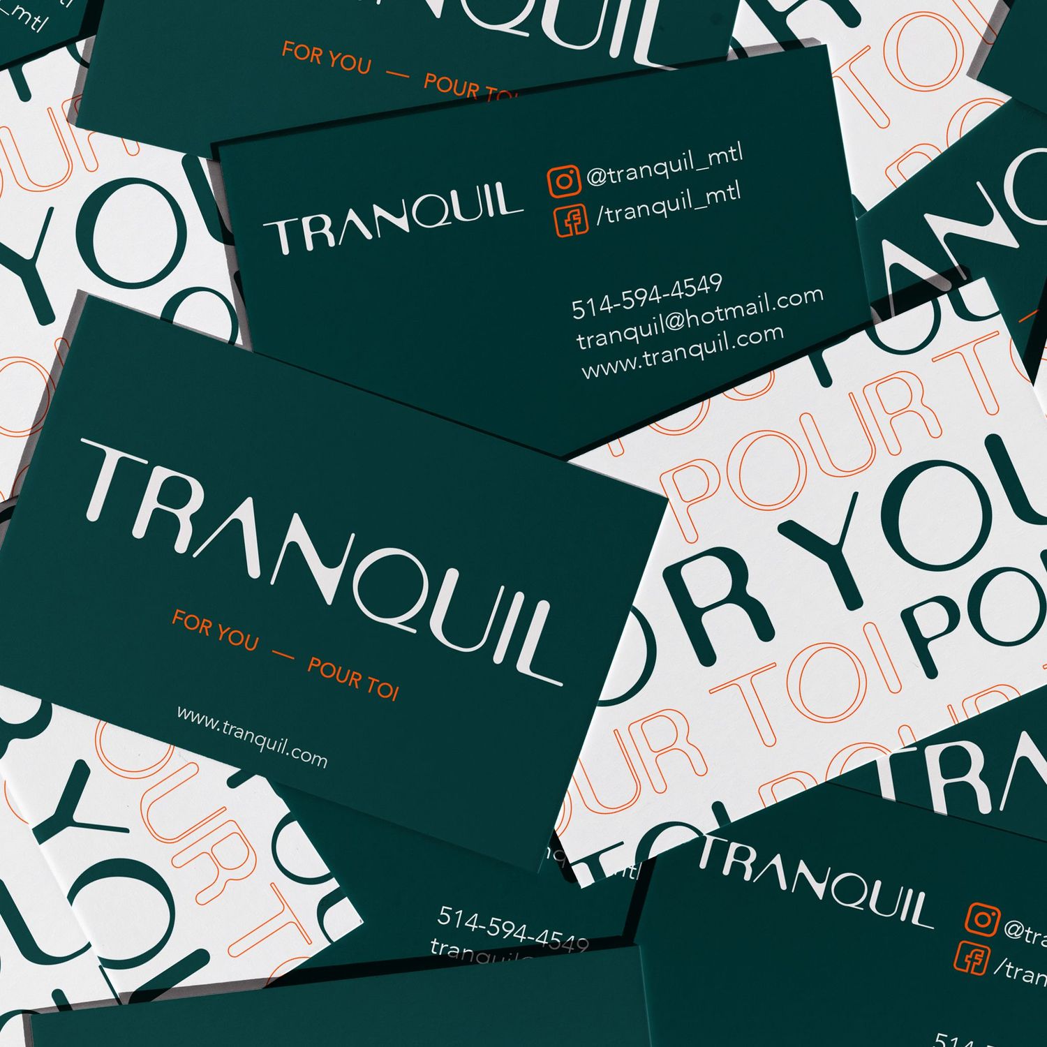 Tranquil business cards in dark green and white with contact details and bilingual tagline for you pour toi.