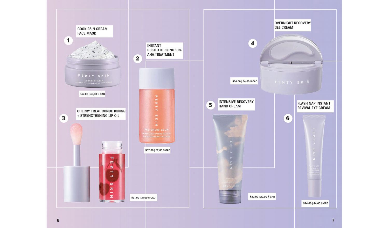 A flat lay of seven pastel-packaged skincare products arranged on a lavender background, including serums, creams, and treatments.